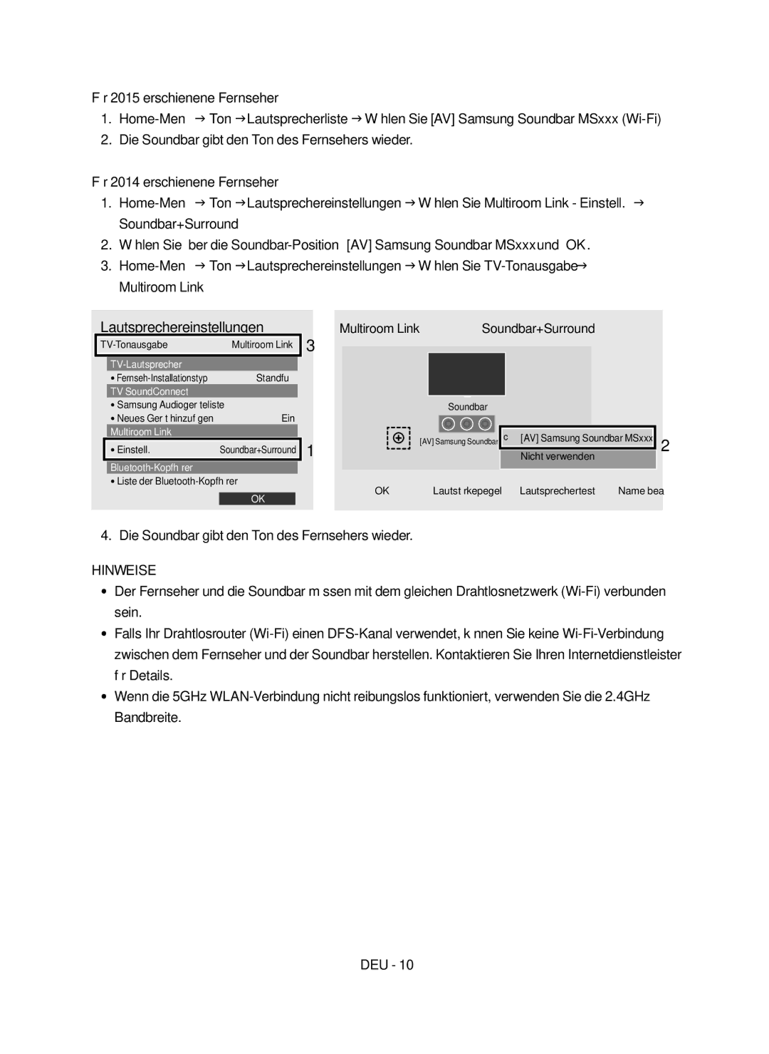 Samsung HW-MS550/EN, HW-MS550/XN Lautsprechereinstellungen, Für 2015 erschienene Fernseher, Für 2014 erschienene Fernseher 