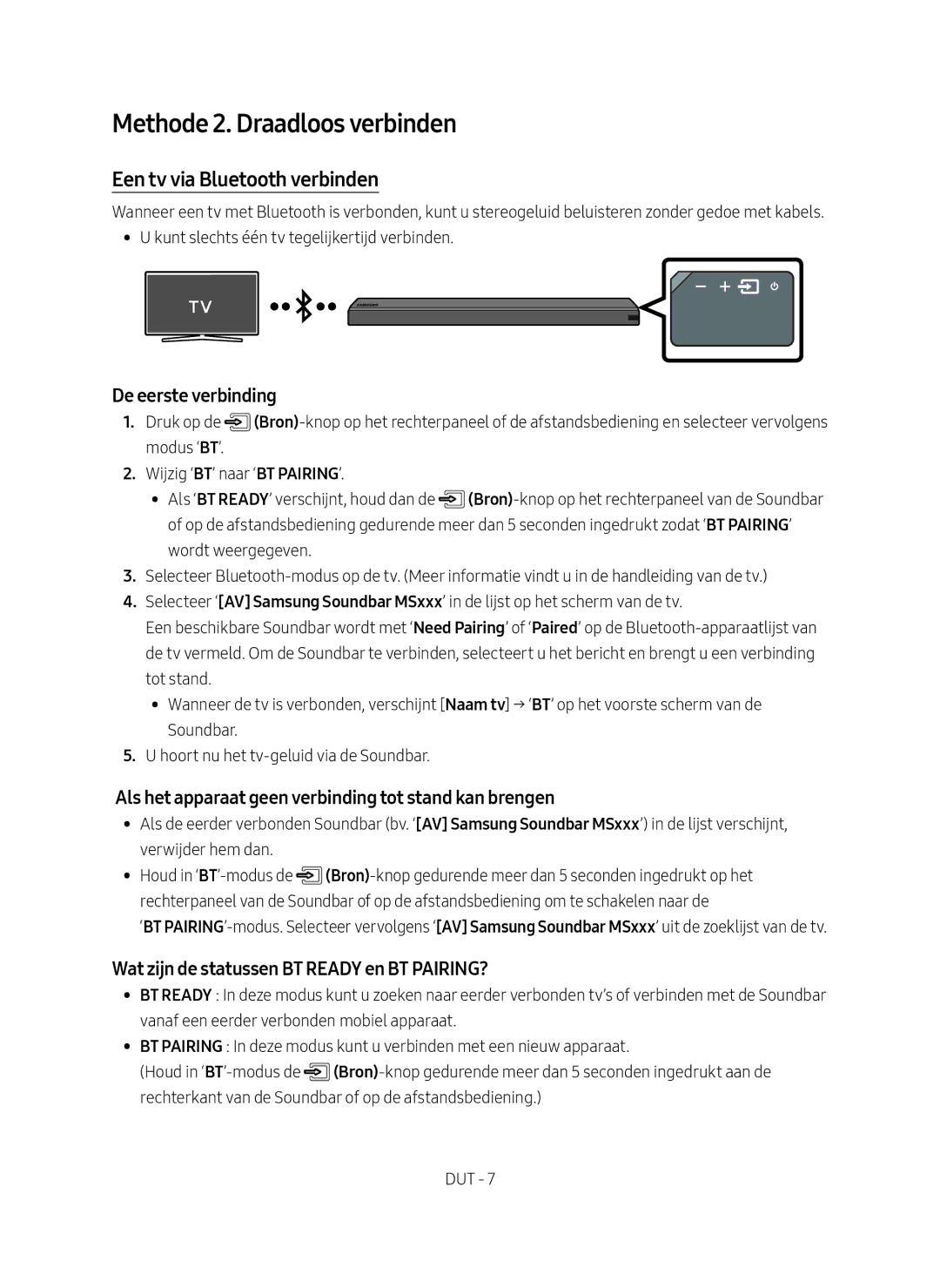 Samsung HW-MS550/XN, HW-MS550/EN manual Methode 2. Draadloos verbinden, Een tv via Bluetooth verbinden, De eerste verbinding 