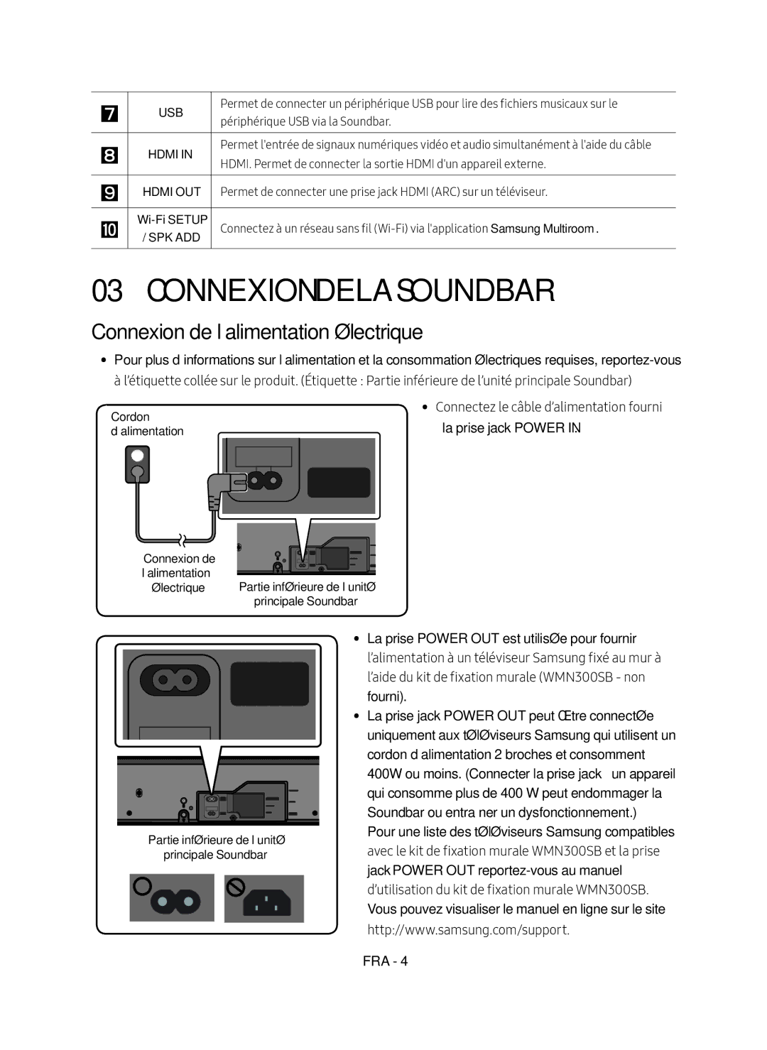 Samsung HW-MS550/EN, HW-MS550/XN manual Connexion de la Soundbar, Connexion de l’alimentation électrique 