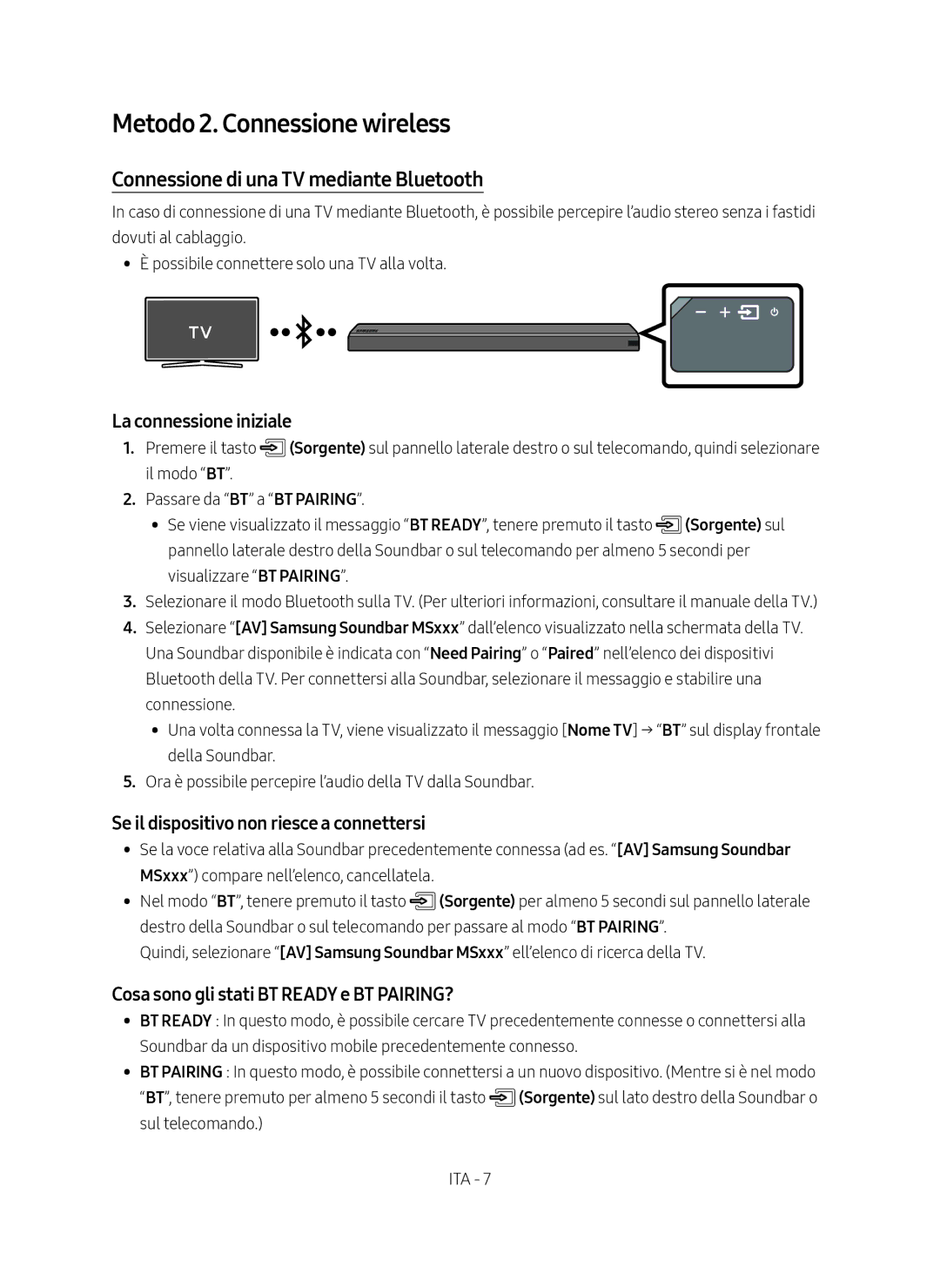 Samsung HW-MS550/ZG Metodo 2. Connessione wireless, Connessione di una TV mediante Bluetooth, La connessione iniziale 