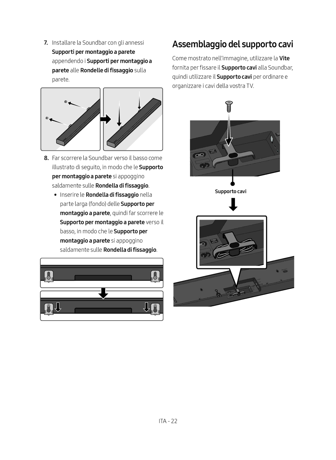 Samsung HW-MS550/EN, HW-MS550/ZG manual Assemblaggio del supporto cavi, Supporto cavi 