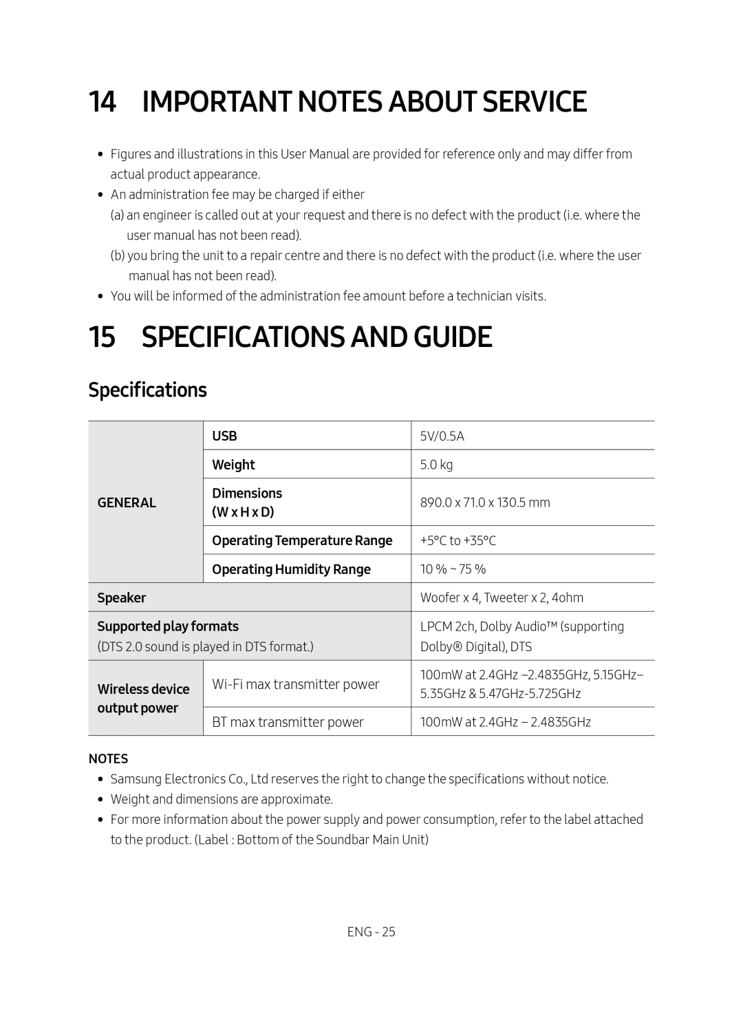 Samsung HW-MS550/ZG, HW-MS550/EN manual Important Notes About Service, Specifications and Guide 