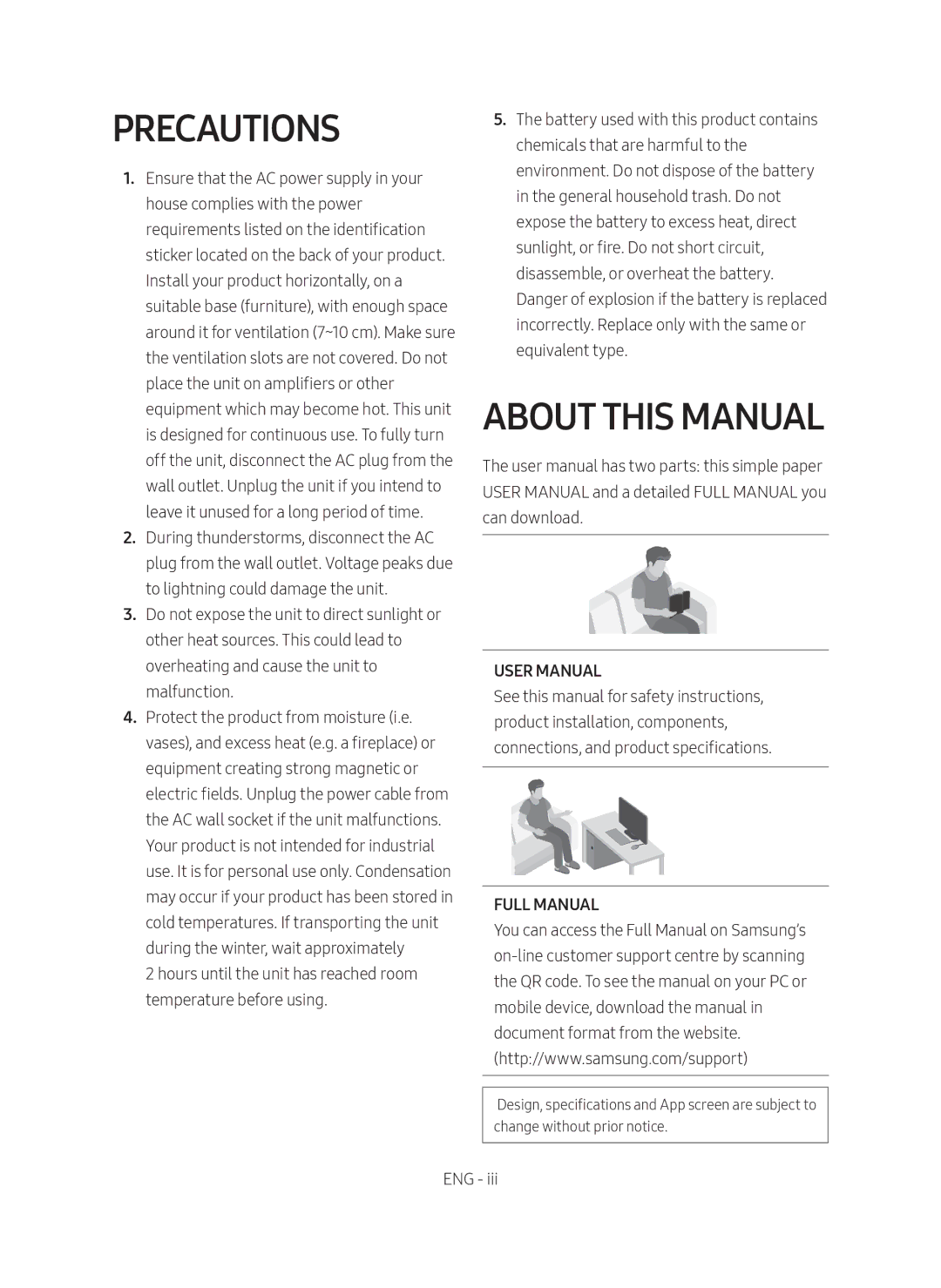 Samsung HW-MS550/ZG, HW-MS550/EN manual Precautions, About this Manual, Full Manual 