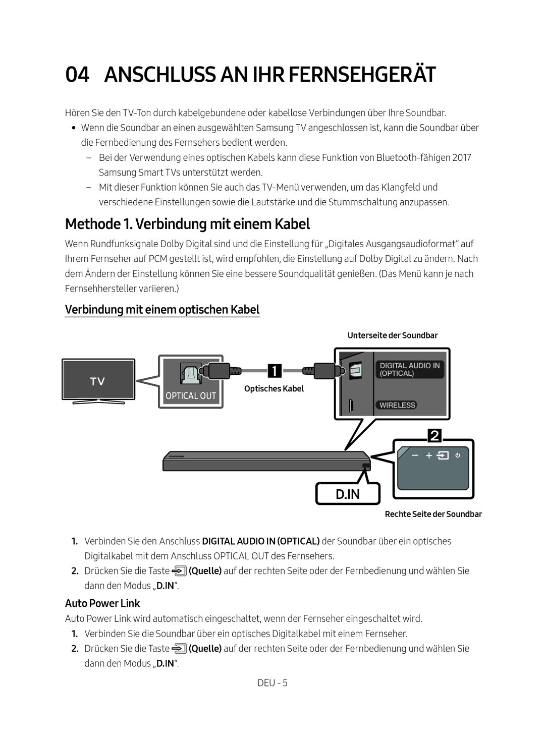 Samsung HW-MS550/ZG, HW-MS550/EN Anschluss an ihr Fernsehgerät, Methode 1. Verbindung mit einem Kabel, Optisches Kabel 