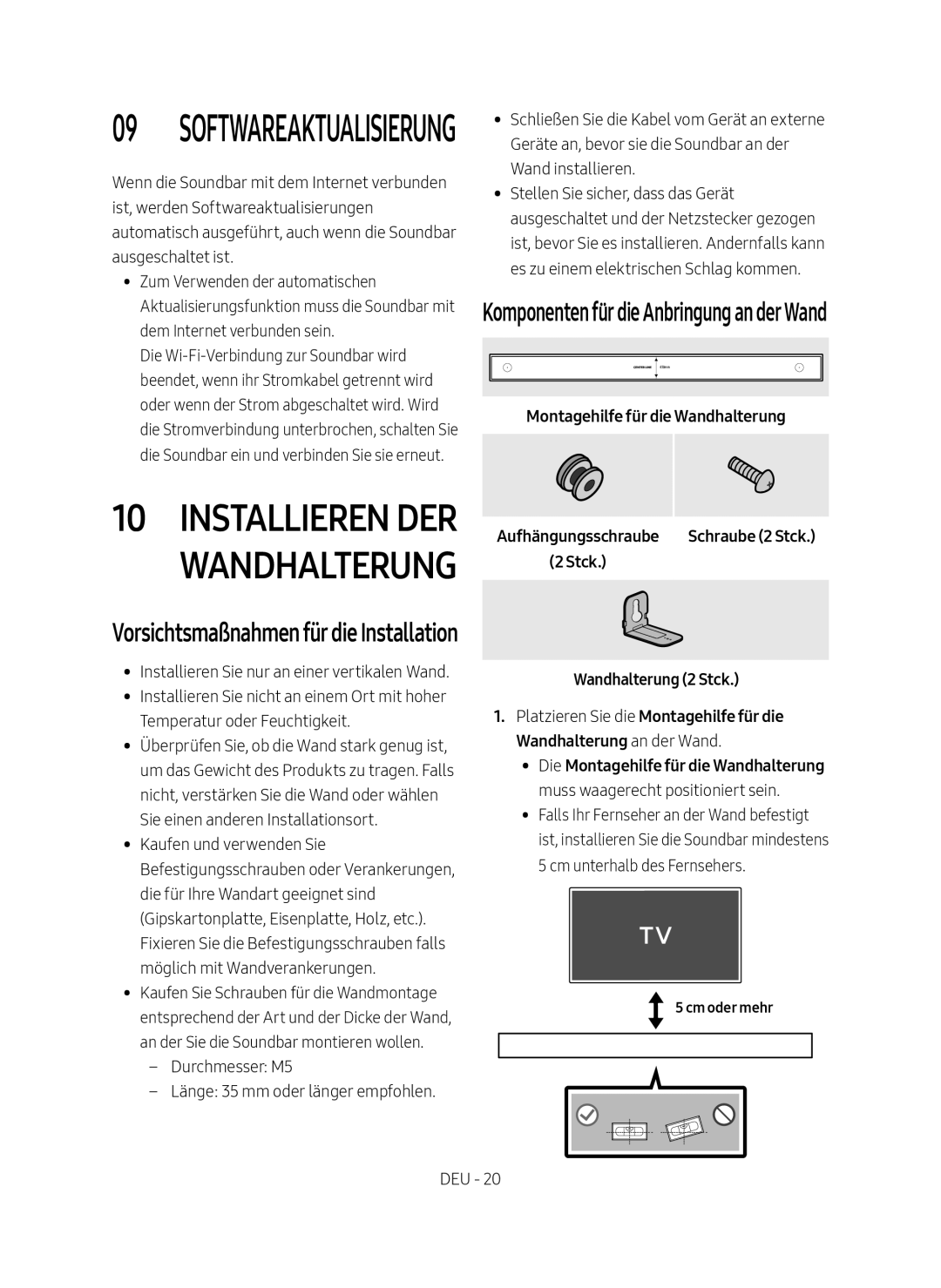 Samsung HW-MS550/EN manual Installieren der Wandhalterung, Vorsichtsmaßnahmenfürdie Installation, Wandhalterung 2 Stck 