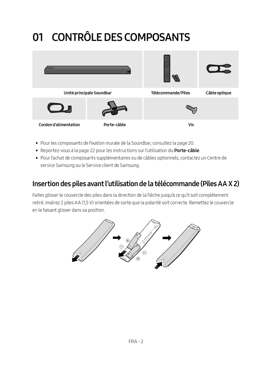 Samsung HW-MS550/EN Contrôle des Composants, Unité principale Soundbar Cordon d’alimentation, Télécommande/Piles, Vis 