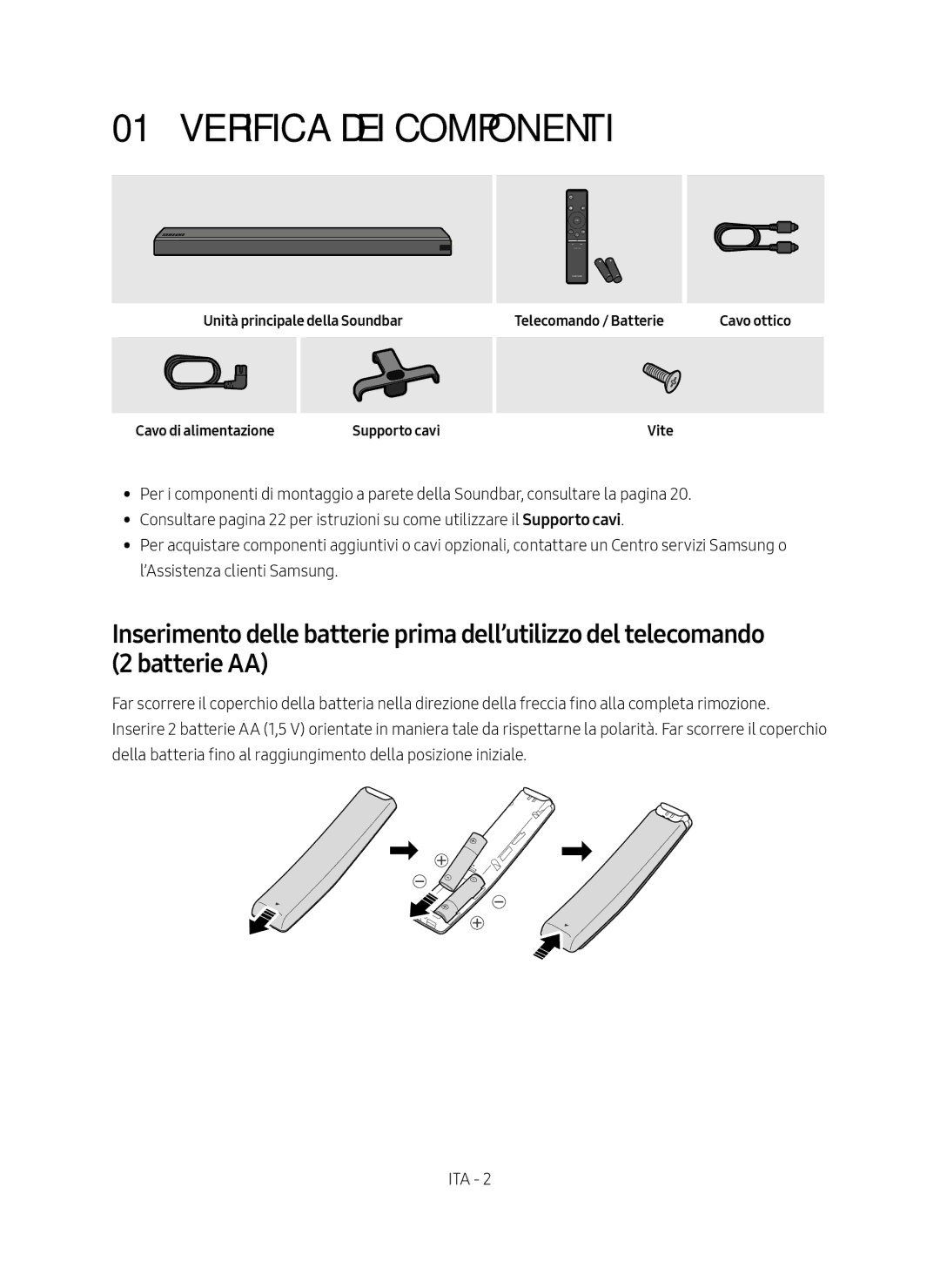 Samsung HW-MS550/EN Verifica dei componenti, Unità principale della Soundbar Cavo di alimentazione, Telecomando / Batterie 