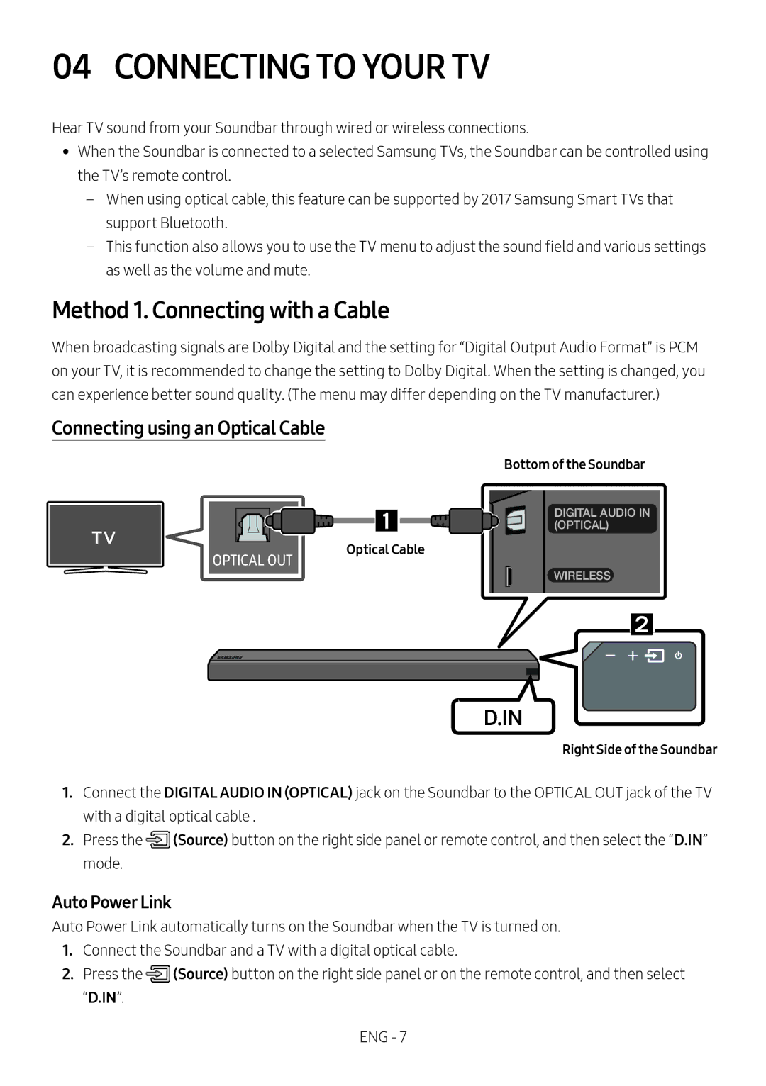 Samsung HW-MS550/ZG manual Connecting to Your TV, Method 1. Connecting with a Cable, Connecting using an Optical Cable 