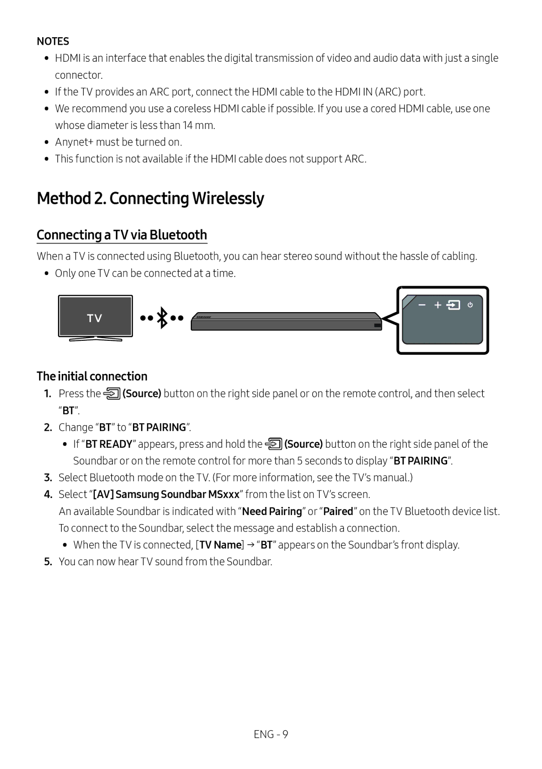 Samsung HW-MS550/ZG, HW-MS550/EN manual Method 2. Connecting Wirelessly, Connecting a TV via Bluetooth, Initial connection 