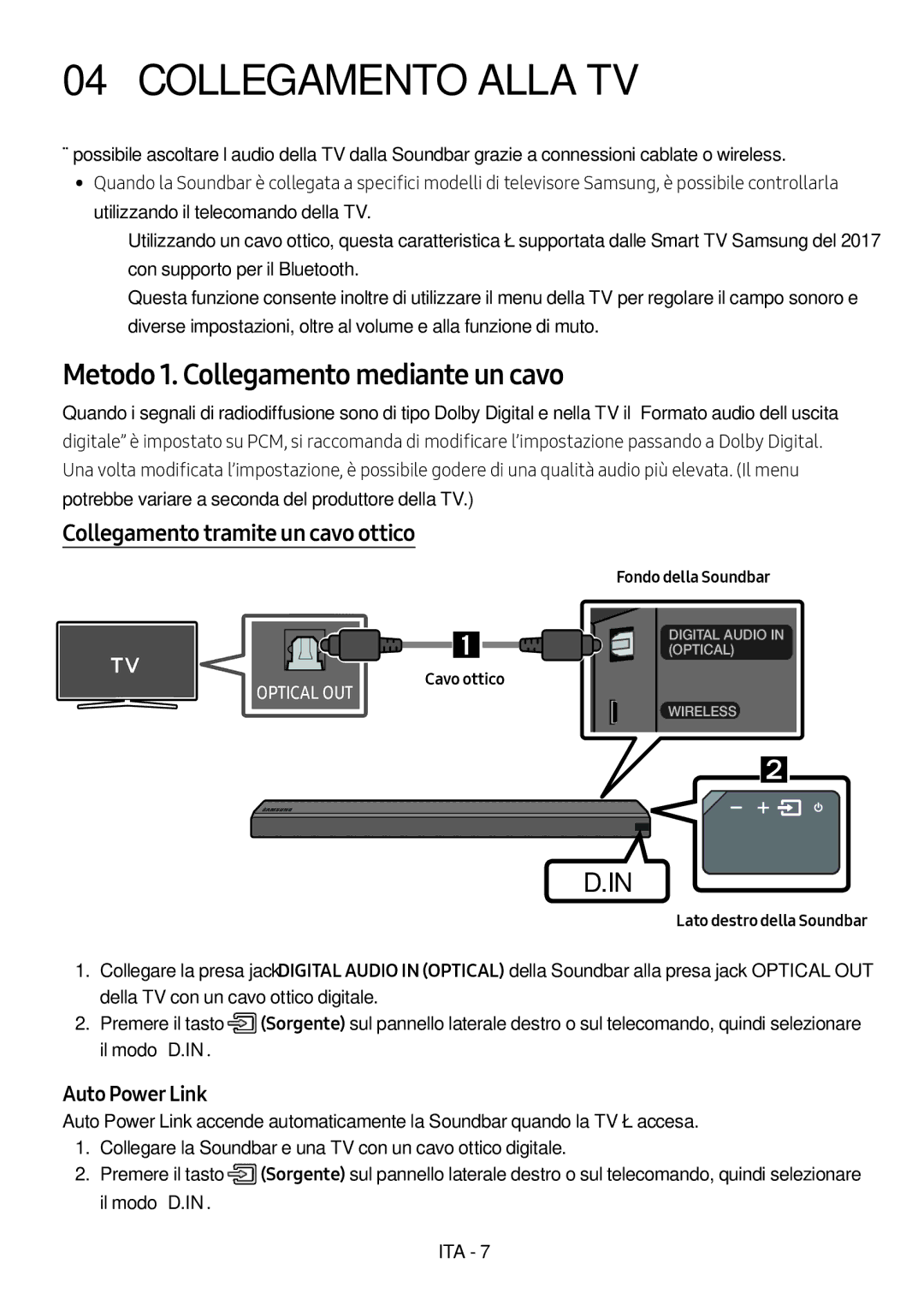 Samsung HW-MS550/EN Collegamento Alla TV, Metodo 1. Collegamento mediante un cavo, Collegamento tramite un cavo ottico 