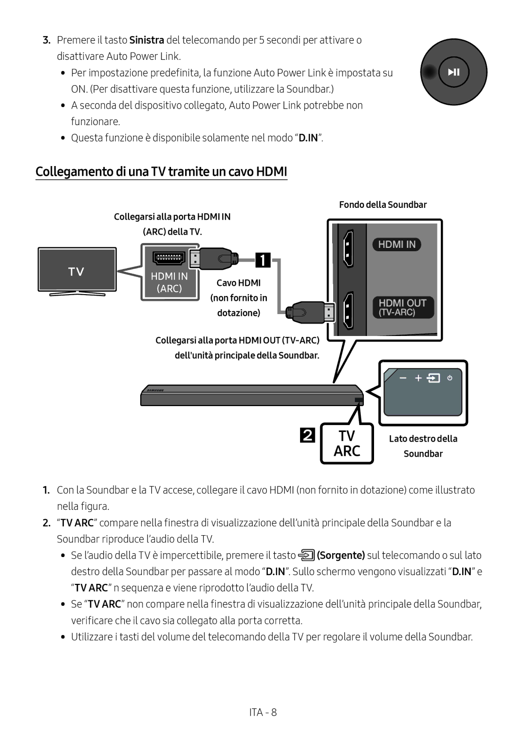 Samsung HW-MS550/ZG, HW-MS550/EN manual Collegamento di una TV tramite un cavo Hdmi, Collegarsi alla porta Hdmi ARC della TV 