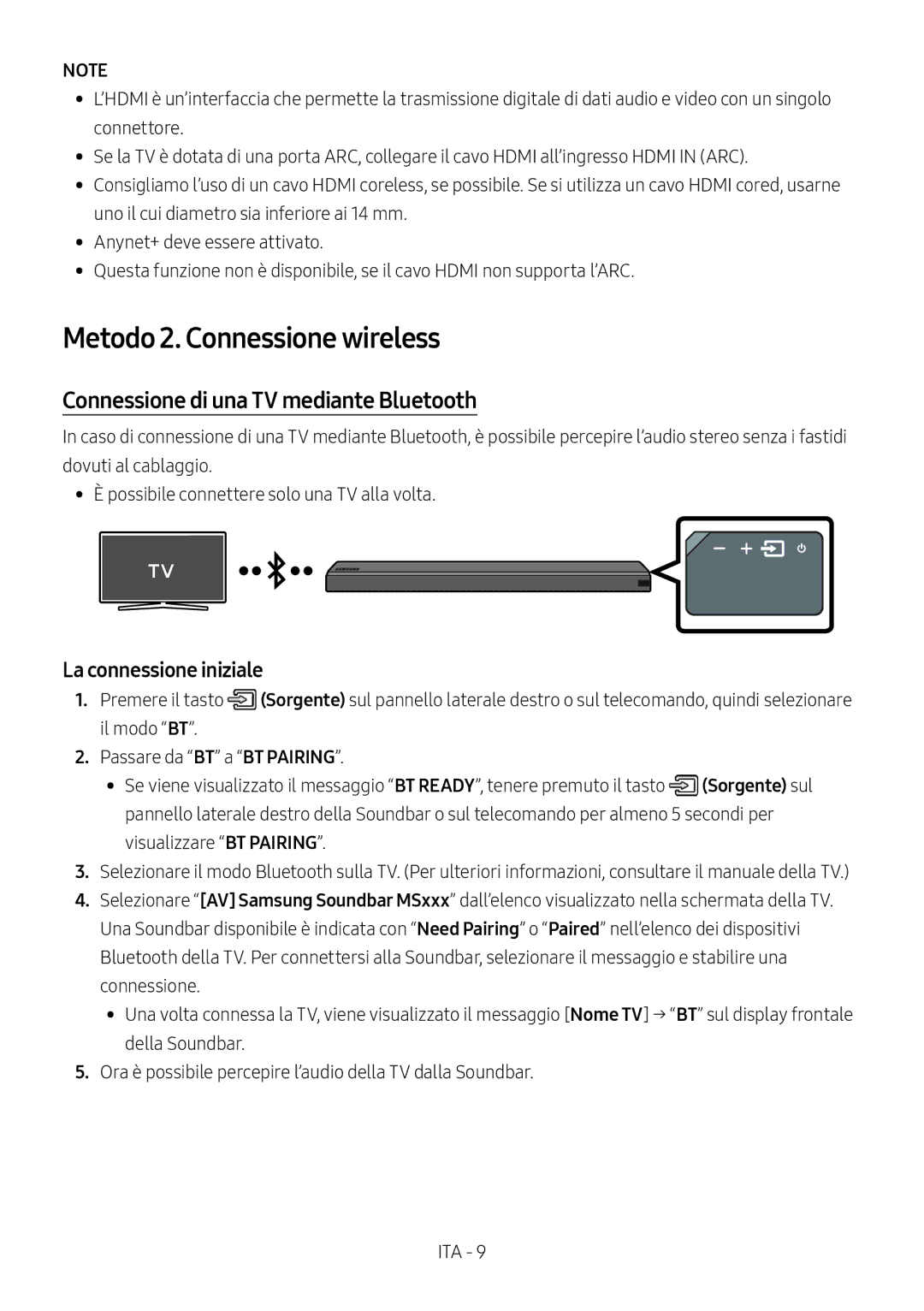 Samsung HW-MS550/EN Metodo 2. Connessione wireless, Connessione di una TV mediante Bluetooth, La connessione iniziale 