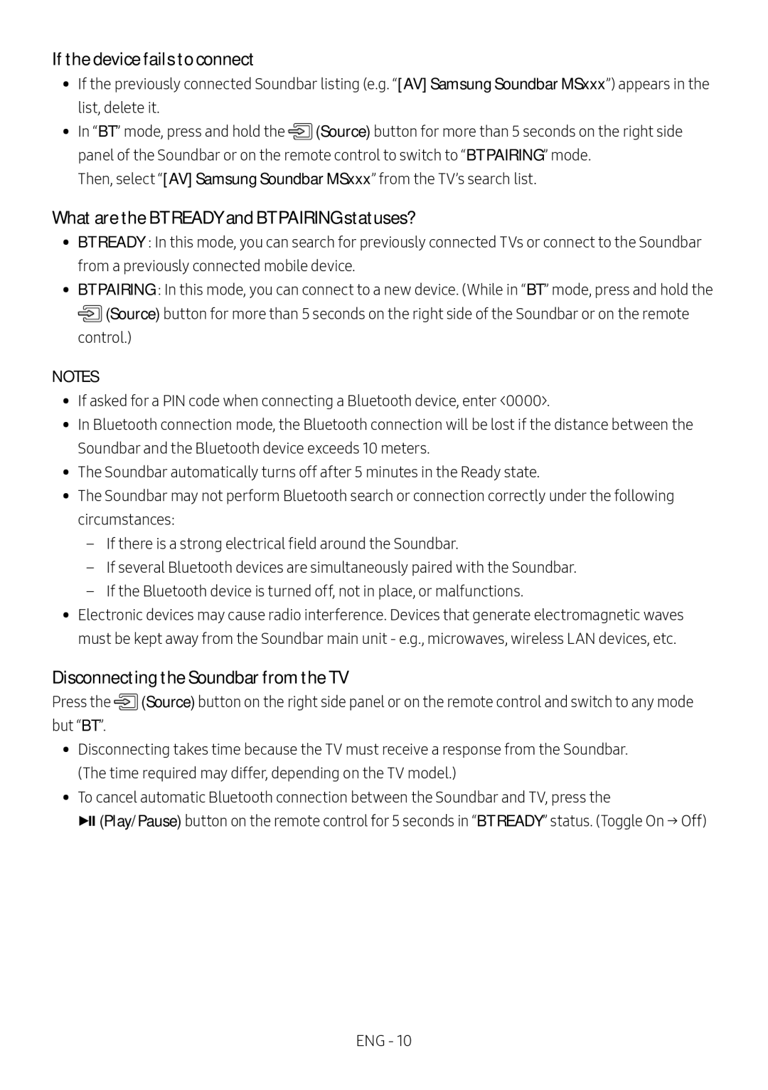 Samsung HW-MS550/EN, HW-MS550/ZG manual If the device fails to connect, What are the BT Ready and BT Pairing statuses? 