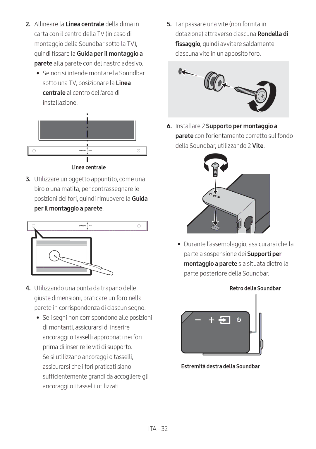 Samsung HW-MS550/ZG, HW-MS550/EN manual Linea centrale, Retro della Soundbar Estremità destra della Soundbar 