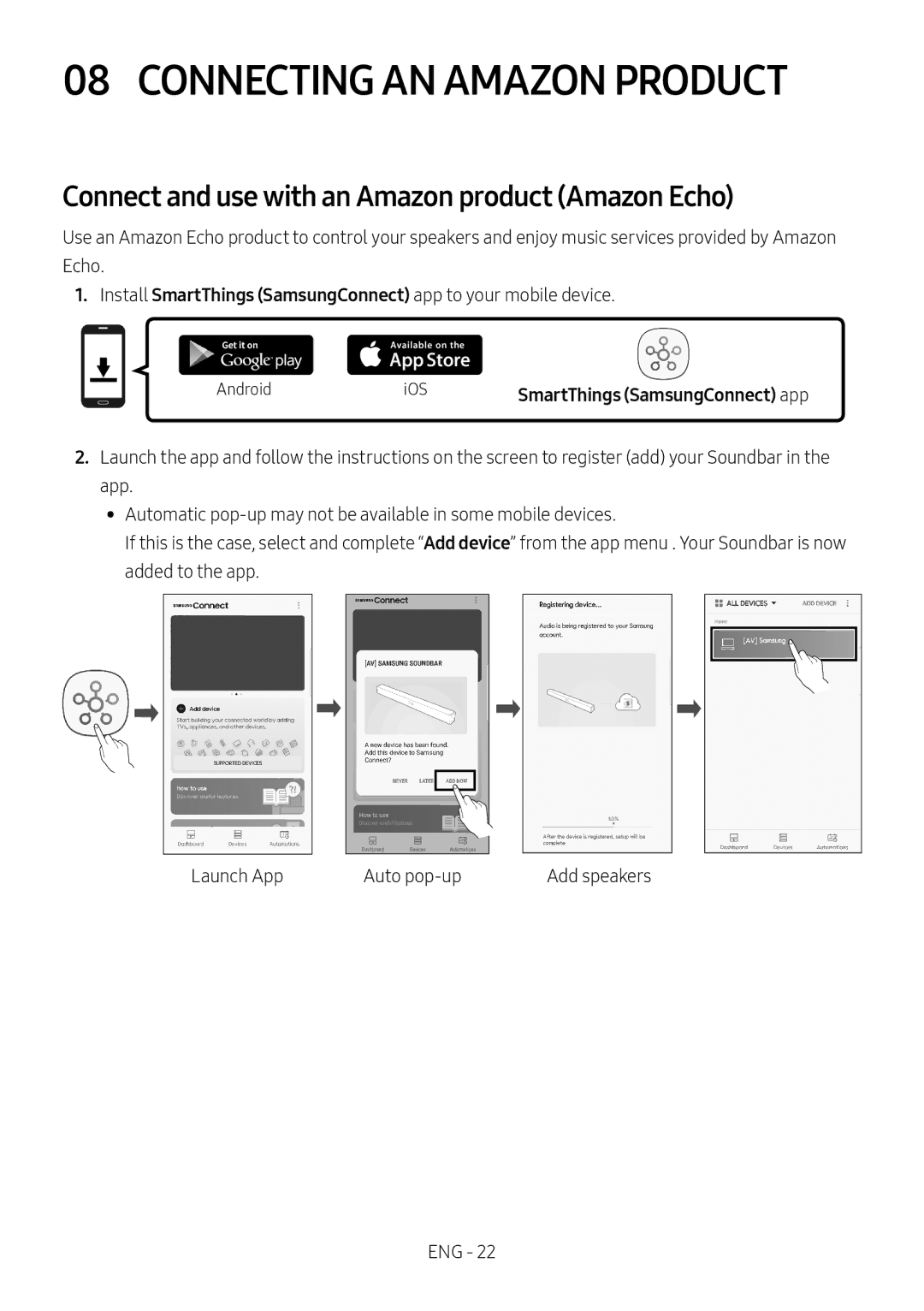 Samsung HW-MS550/EN manual Connecting AN Amazon Product, Connect and use with an Amazon product Amazon Echo, Android IOS 