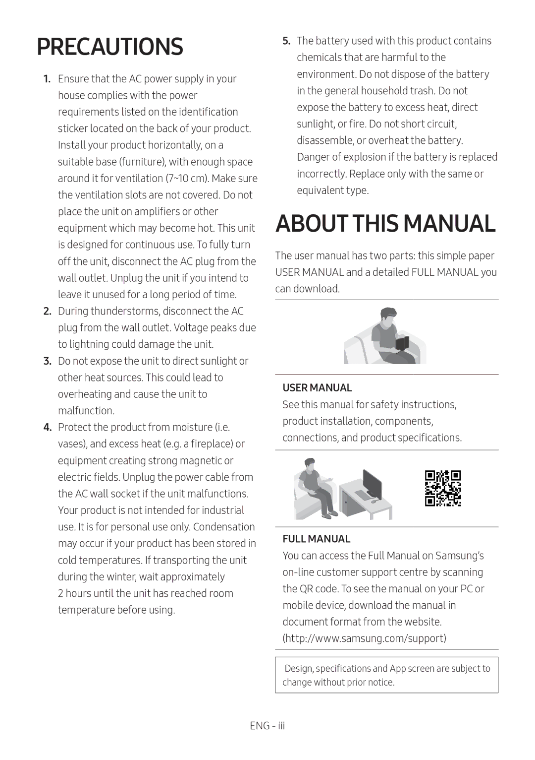 Samsung HW-MS550/ZG, HW-MS550/EN manual Precautions, About this Manual, Full Manual 