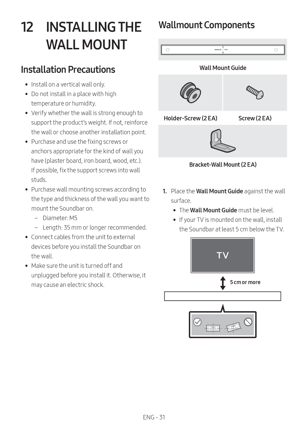 Samsung HW-MS550/ZG manual Installation Precautions, Wallmount Components, Wall Mount Guide Holder-Screw 2 EA, Cm or more 