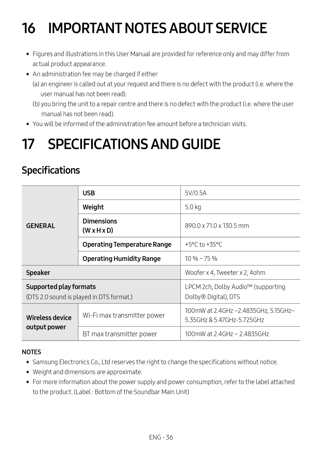 Samsung HW-MS550/EN, HW-MS550/ZG manual Important Notes about Service, Specifications and Guide, Operating Temperature Range 