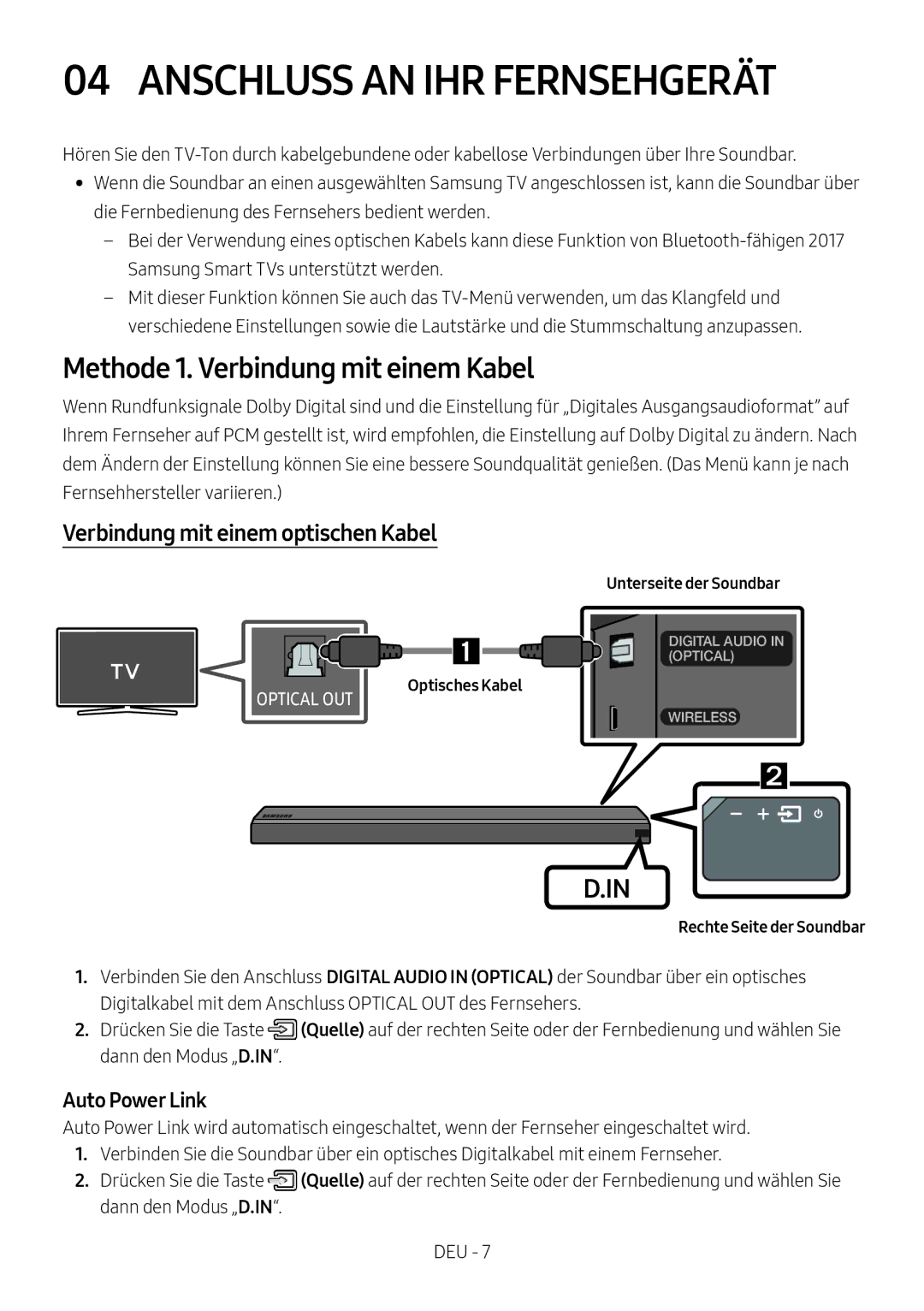 Samsung HW-MS550/EN, HW-MS550/ZG Anschluss AN IHR Fernsehgerät, Methode 1. Verbindung mit einem Kabel, Optisches Kabel 