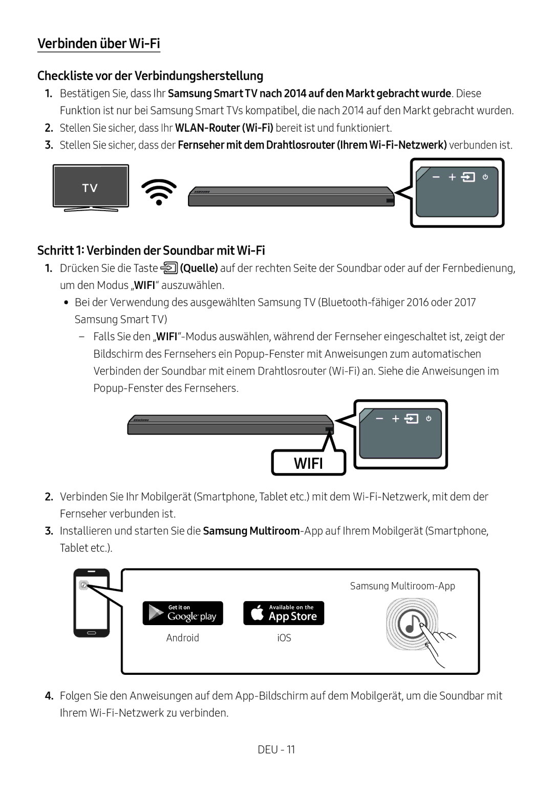 Samsung HW-MS550/EN Verbinden über Wi-Fi, Checkliste vor der Verbindungsherstellung, Samsung Multiroom-App AndroidiOS 