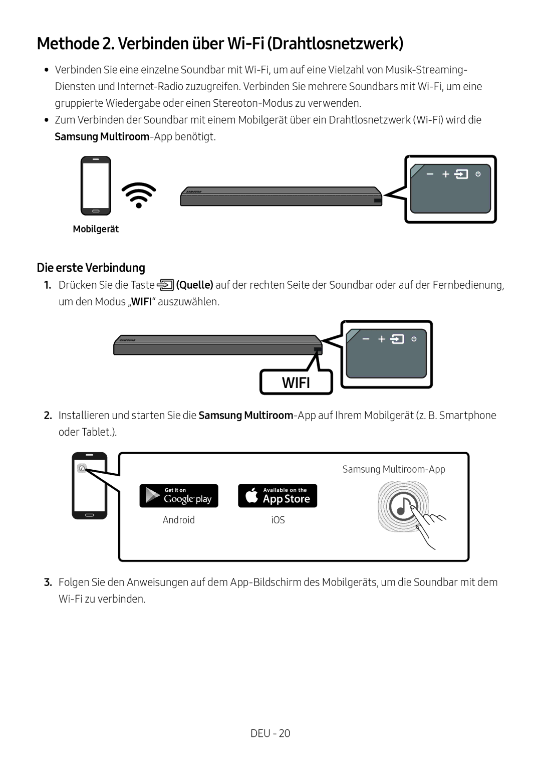 Samsung HW-MS550/ZG, HW-MS550/EN manual Methode 2. Verbinden über Wi-Fi Drahtlosnetzwerk, Mobilgerät 