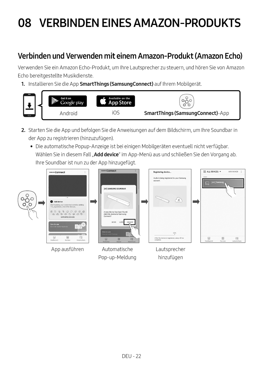 Samsung HW-MS550/ZG, HW-MS550/EN manual Android IOS, SmartThings SamsungConnect -App, Lautsprecher, Hinzufügen 