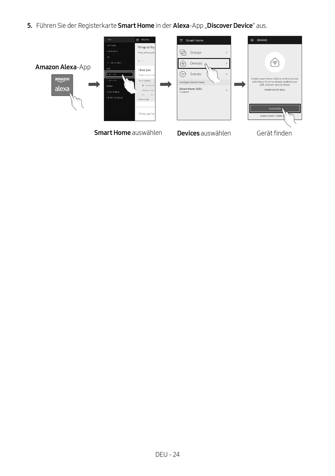 Samsung HW-MS550/ZG, HW-MS550/EN manual Amazon Alexa-App Smart Home auswählen Devices auswählen 