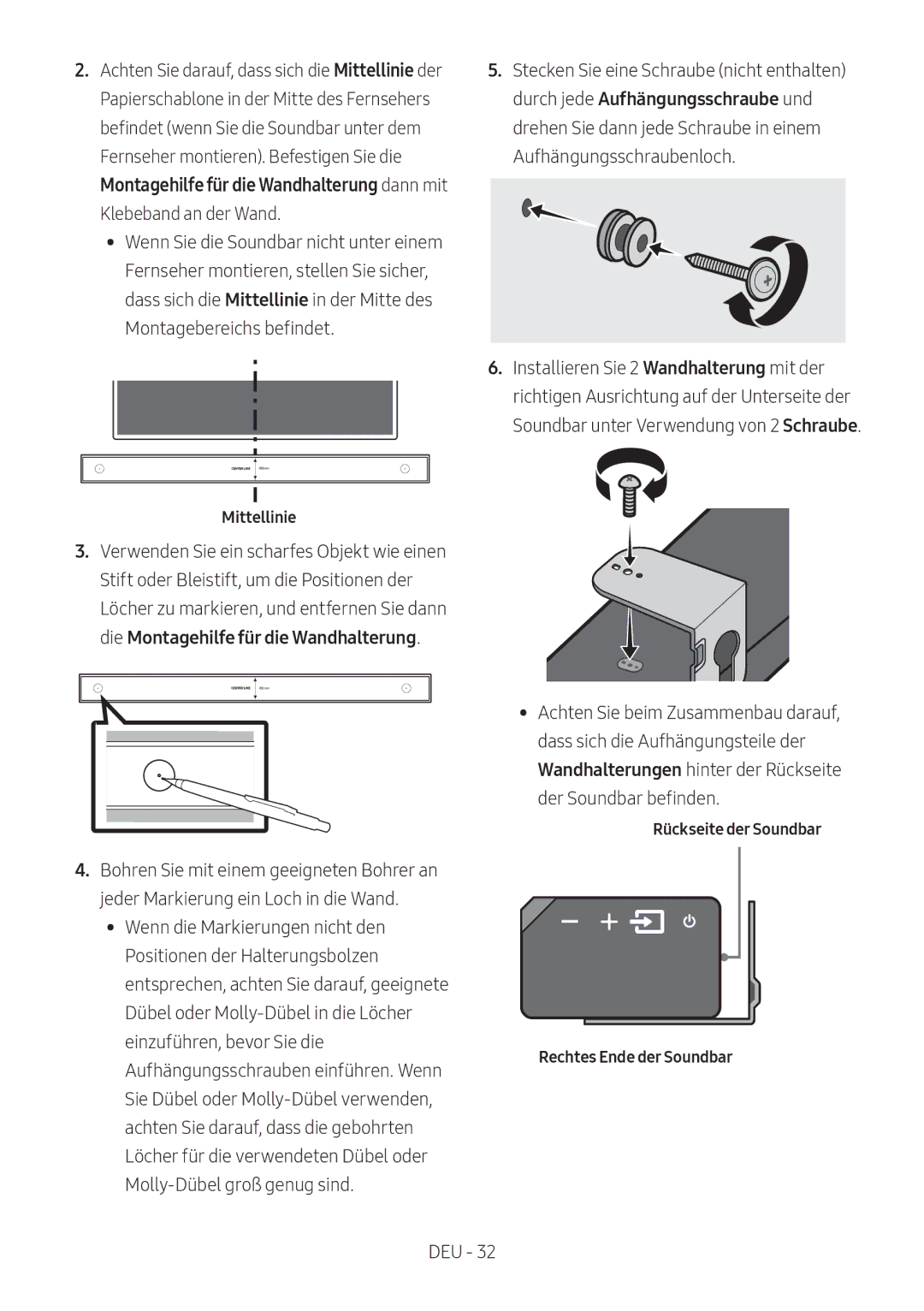 Samsung HW-MS550/ZG, HW-MS550/EN manual Montagebereichs befindet, Rückseite der Soundbar Rechtes Ende der Soundbar 