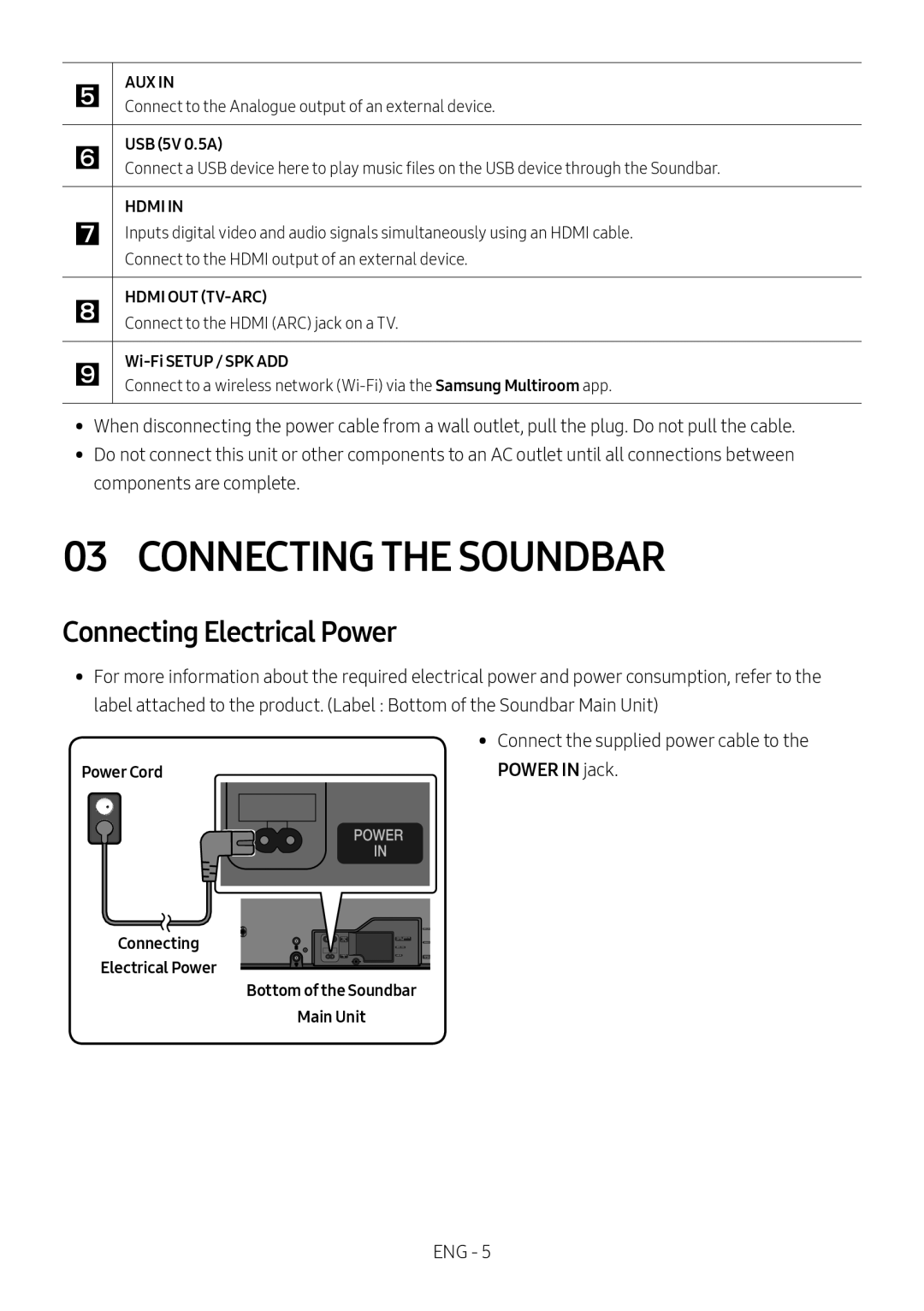 Samsung HW-MS550/ZG, HW-MS550/EN Connecting the Soundbar, Connecting Electrical Power, USB 5V 0.5A, Wi-Fi Setup / SPK ADD 