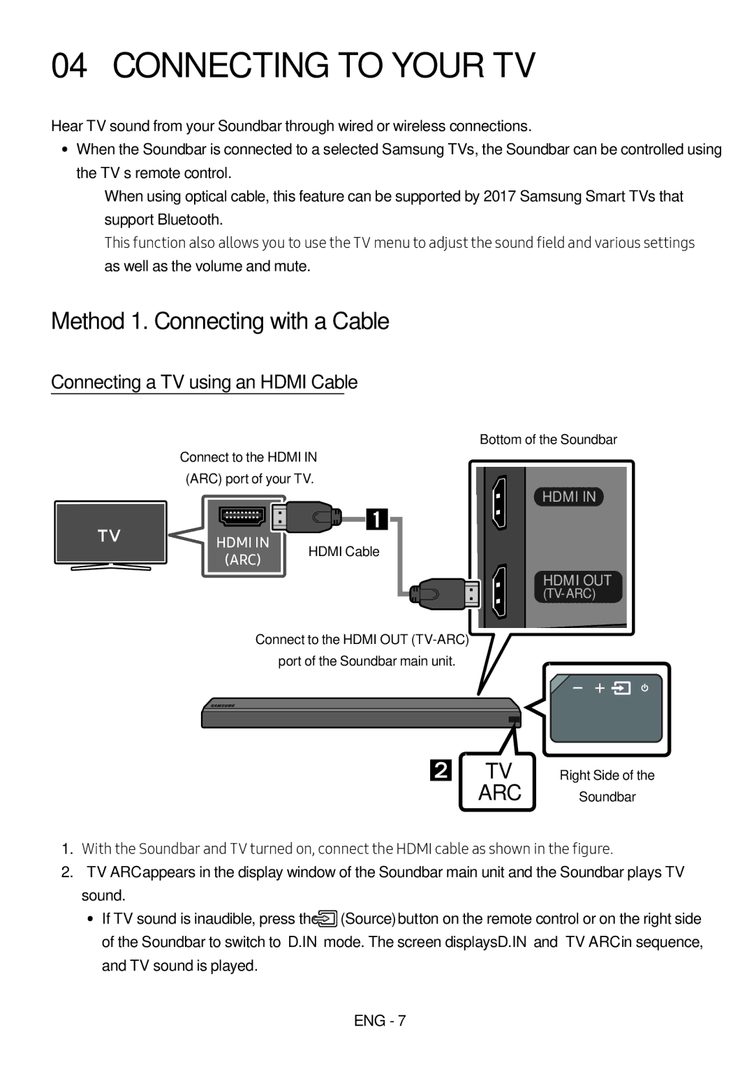 Samsung HW-MS550/SQ manual Connecting to Your TV, Connecting a TV using an Hdmi Cable, Right Side Soundbar 