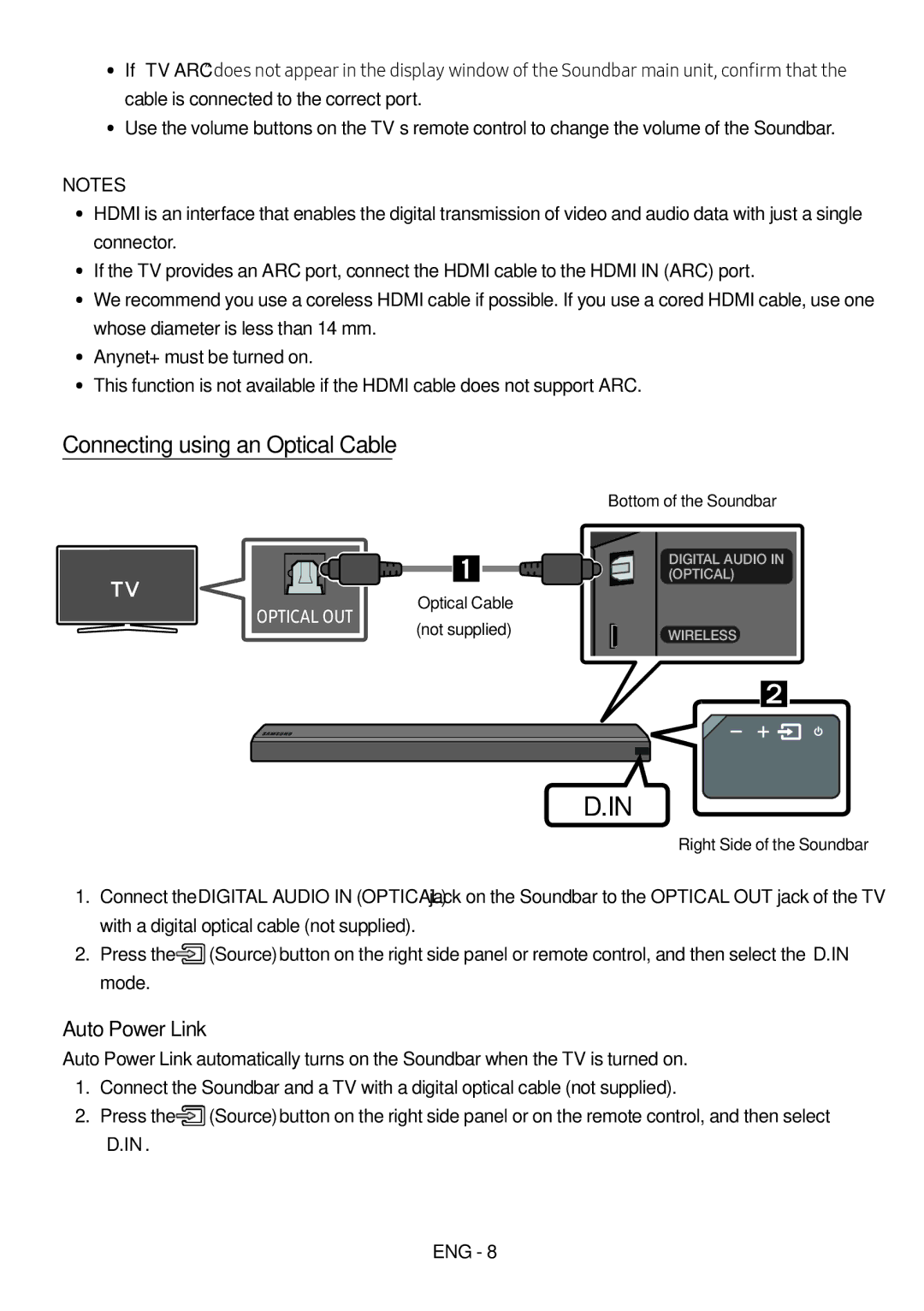 Samsung HW-MS550/SQ manual Connecting using an Optical Cable, Auto Power Link, Right Side of the Soundbar 