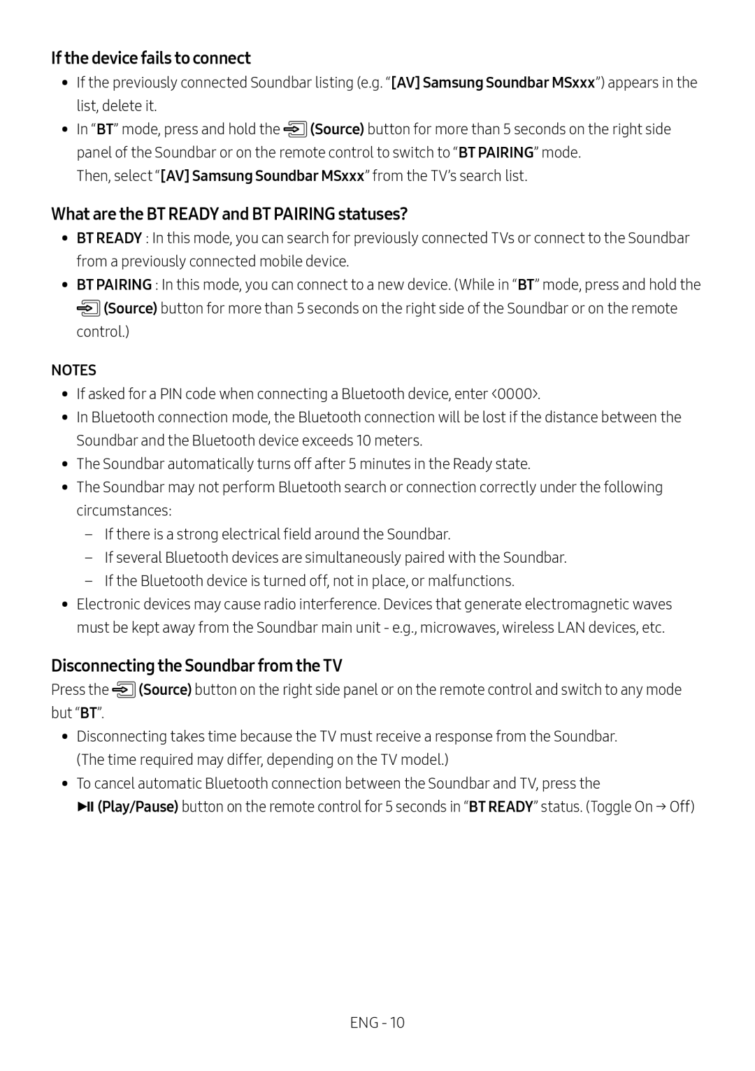 Samsung HW-MS550/SQ manual If the device fails to connect, What are the BT Ready and BT Pairing statuses? 