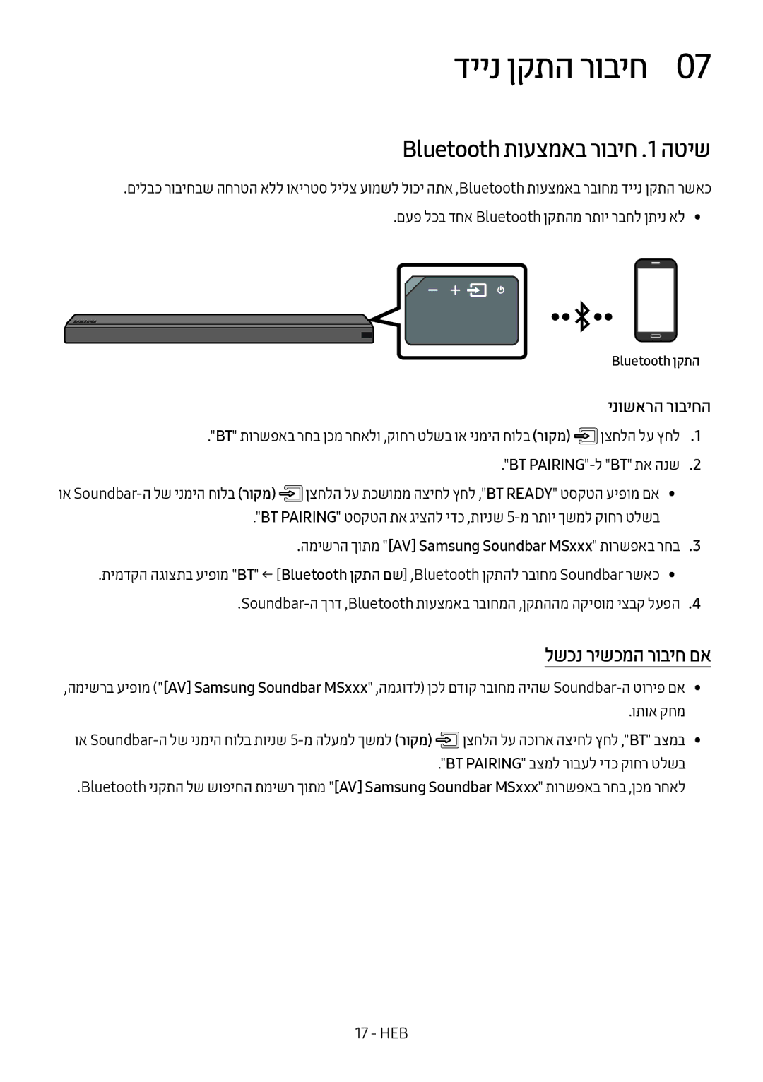 Samsung HW-MS550/SQ manual דיינ ןקתה רוביח0, Bluetooth תועצמאב רוביח .1 הטיש, לשכנ רישכמה רוביח םא, Bluetooth ןקתה 