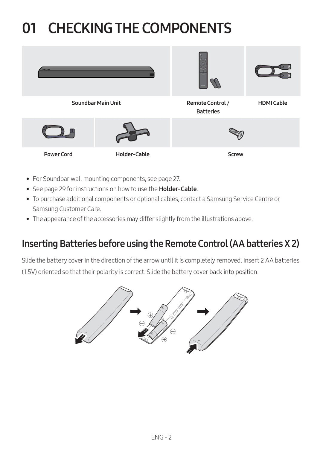 Samsung HW-MS550/SQ manual Checking the Components, Soundbar Main Unit Power Cord, Screw 