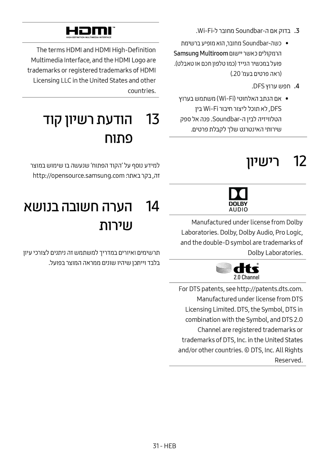 Samsung HW-MS550/SQ manual דוק ןוישר תעדוה1 13 חותפ אשונב הבושח הרעה1 14 תוריש, ןוישיר1, DFS ץורע שפח4 