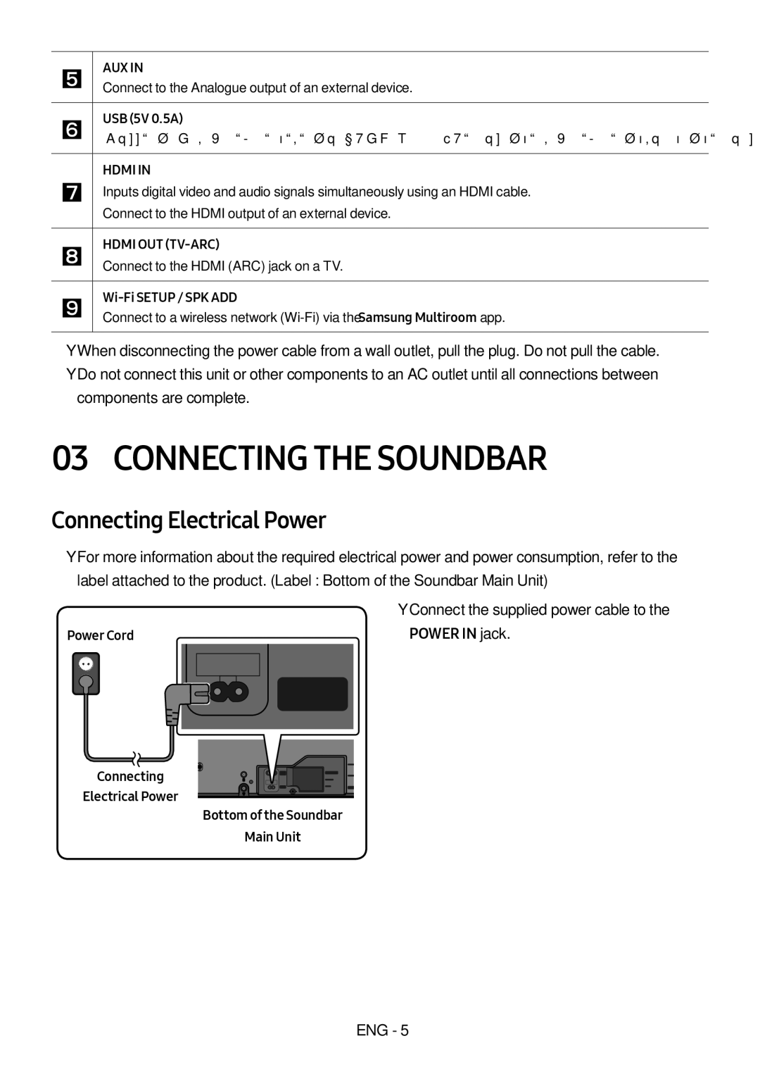 Samsung HW-MS550/SQ manual Connecting the Soundbar, Connecting Electrical Power, USB 5V 0.5A, Wi-Fi Setup / SPK ADD 