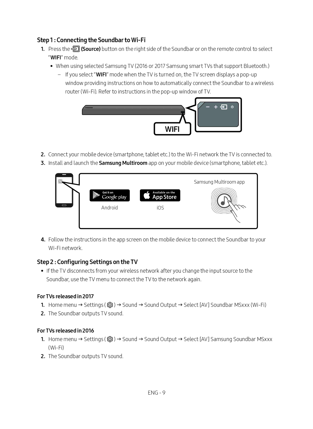 Samsung HW-MS550/SQ manual Connecting the Soundbar to Wi-Fi, Configuring Settings on the TV, For TVs released 