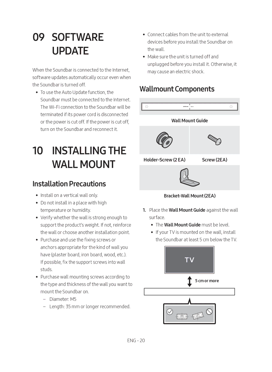 Samsung HW-MS550/SQ manual Software Update, Installing the Wall Mount, Installation Precautions, Wallmount Components 