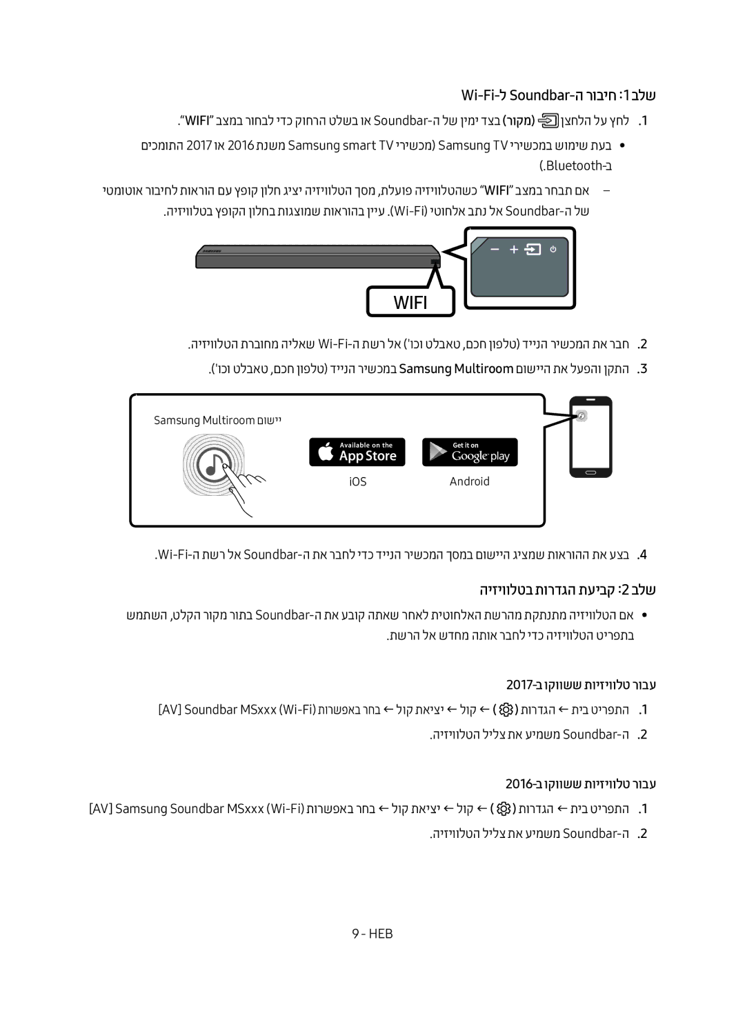 Samsung HW-MS550/SQ manual Wi-Fi-ל Soundbar-ה רוביח 1 בלש, היזיוולטב תורדגה תעיבק 2 בלש, 2017-ב וקוושש תויזיוולט רובע 