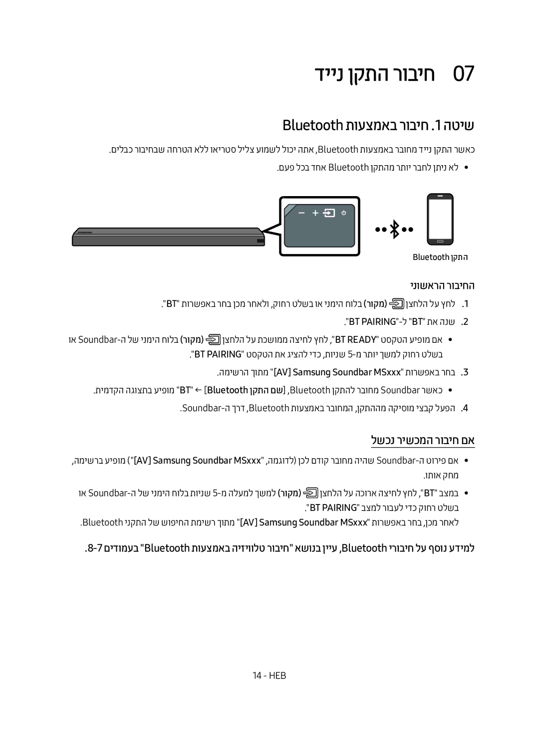 Samsung HW-MS550/SQ manual דיינ ןקתה רוביח0, Bluetooth תועצמאב רוביח .1 הטיש, לשכנ רישכמה רוביח םא, Bluetooth ןקתה 