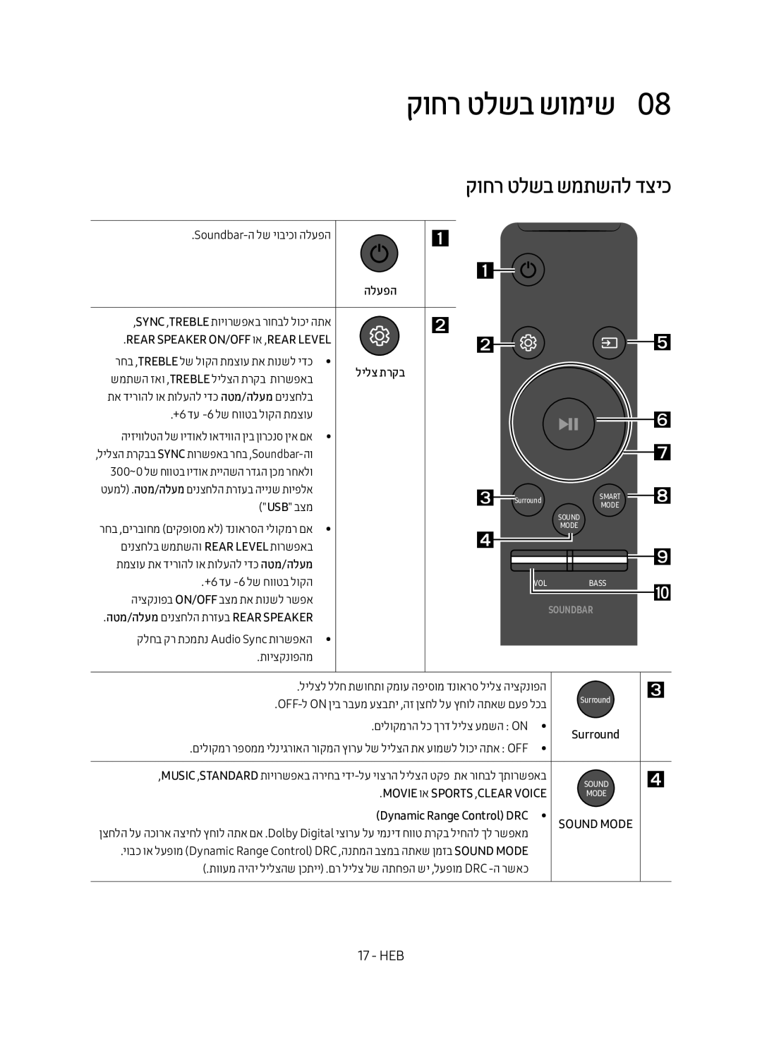 Samsung HW-MS550/SQ manual קוחר טלשב שומיש0, קוחר טלשב שמתשהל דציכ, Movie וא Sports ,CLEAR VOICE, Dynamic Range Control DRC 