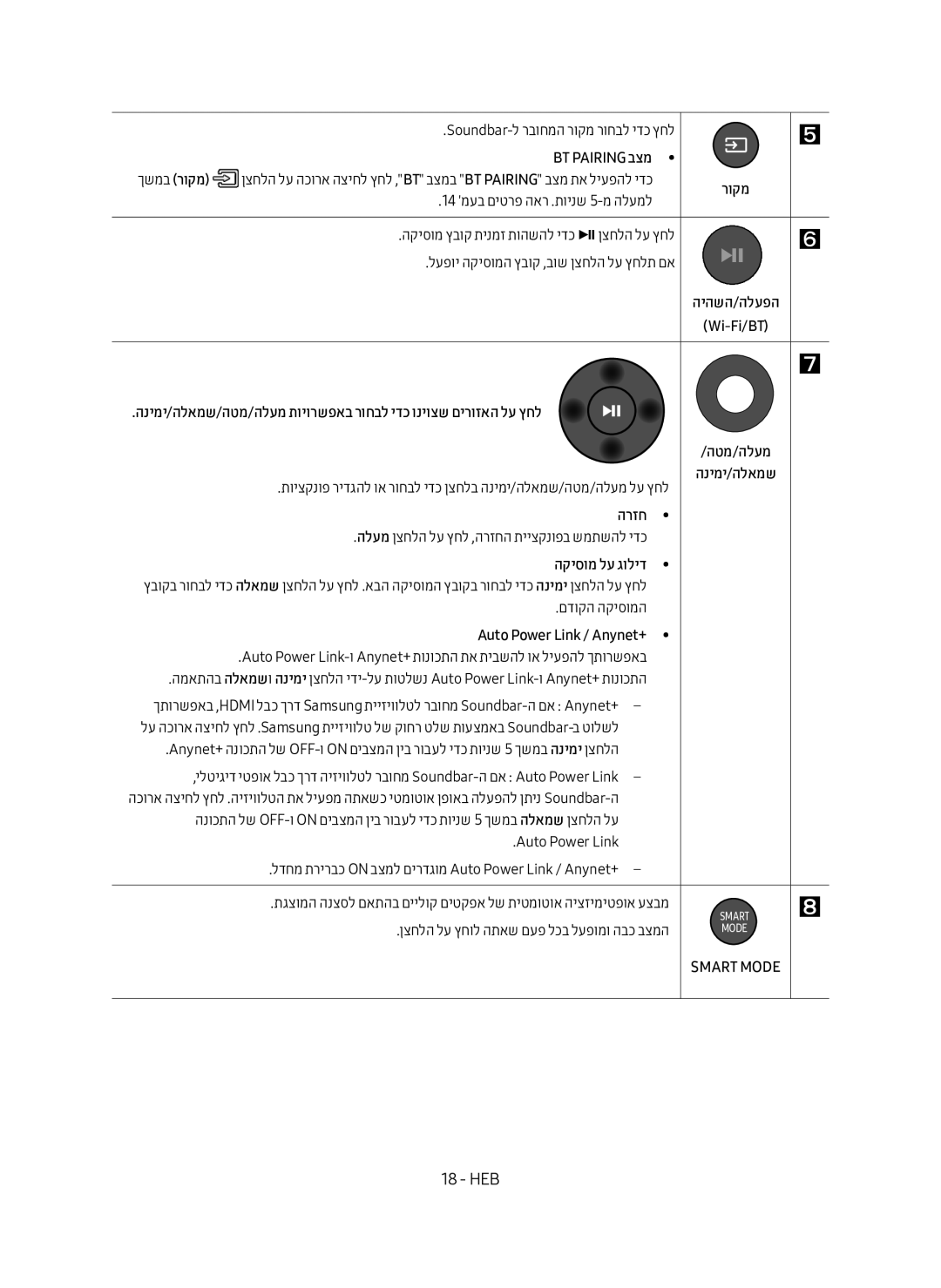 Samsung HW-MS550/SQ manual BT Pairing בצמ ךשמב רוקמ, היהשה/הלעפה, הנימי/הלאמש, הקיסומ לע גוליד, Auto Power Link / Anynet+ 