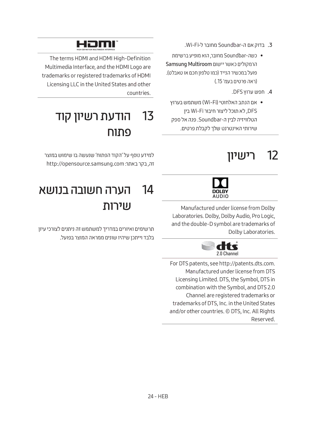 Samsung HW-MS550/SQ manual דוק ןוישר תעדוה1 13 חותפ אשונב הבושח הרעה1 14 תוריש, ןוישיר1, DFS ץורע שפח4 