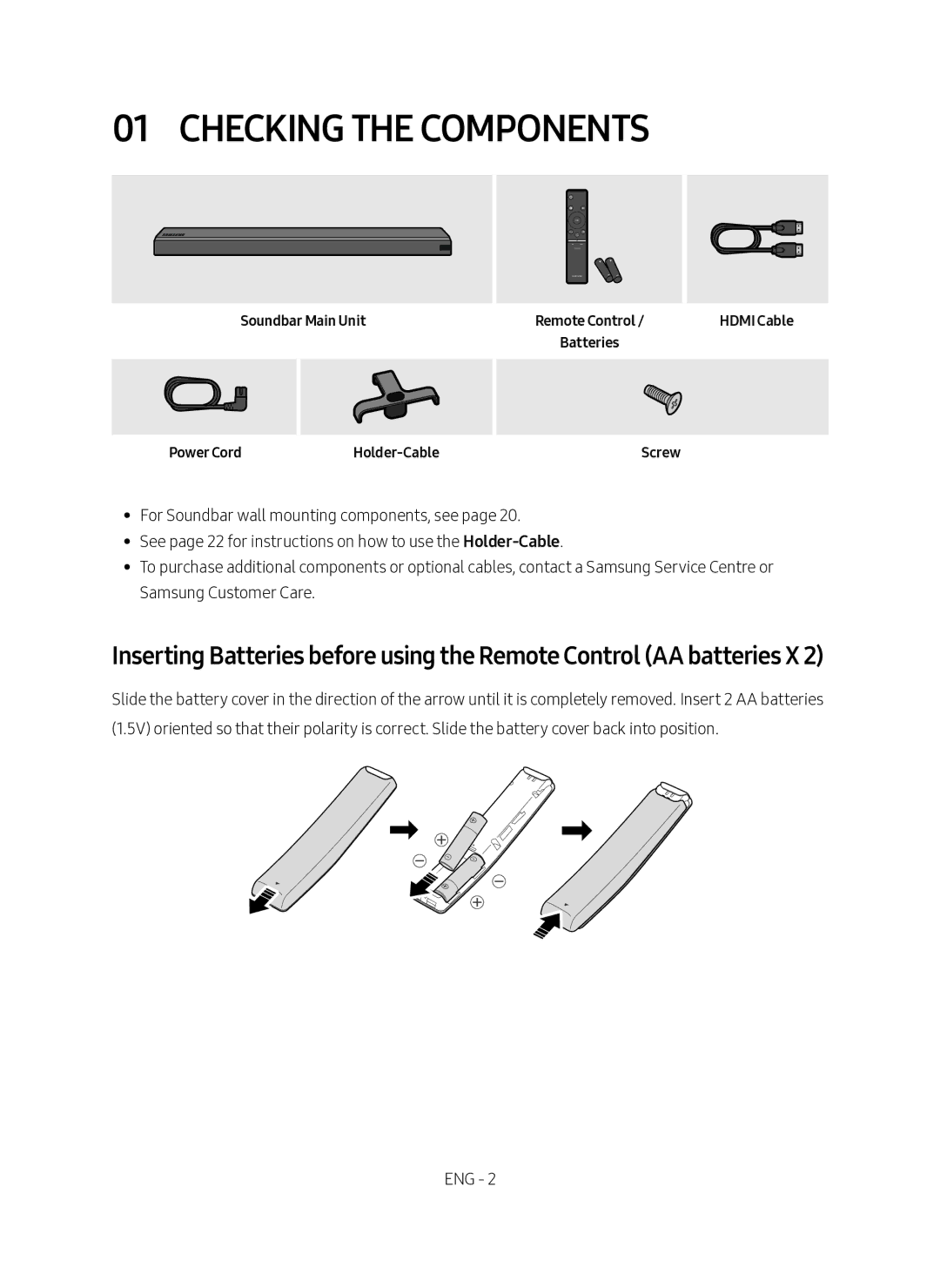 Samsung HW-MS550/SQ manual Checking the Components, Soundbar Main Unit Power Cord, Screw 