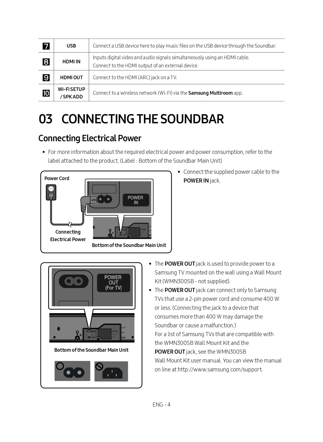 Samsung HW-MS550/SQ manual Connecting the Soundbar, Connecting Electrical Power 