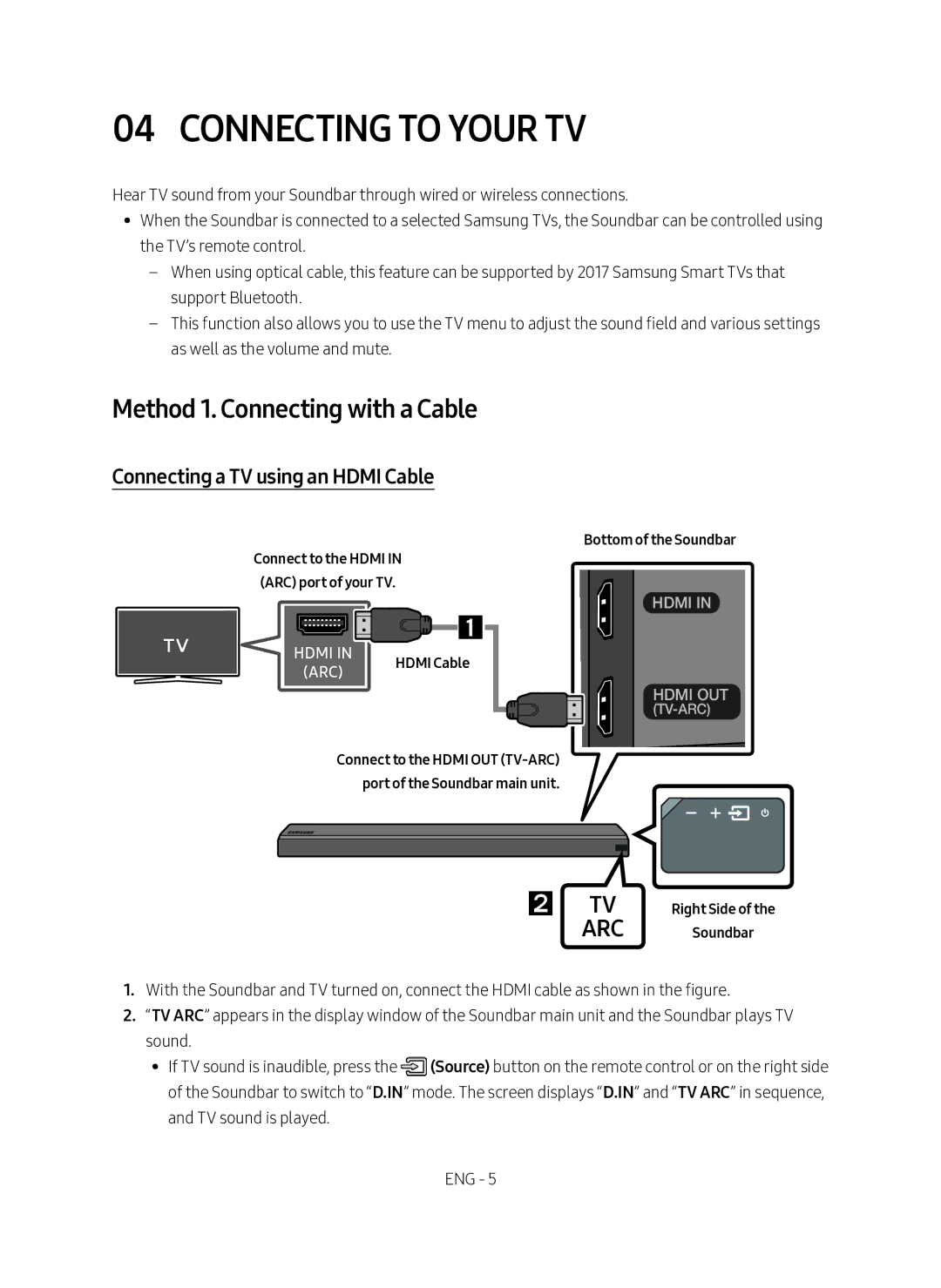 Samsung HW-MS550/SQ manual Connecting to your TV, Connecting a TV using an Hdmi Cable, Bottom of the Soundbar 