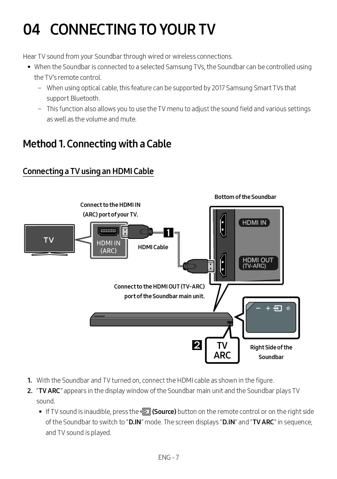 Samsung HW-MS550/XV manual Connecting to Your TV, Connecting a TV using an Hdmi Cable, Right Side Soundbar 