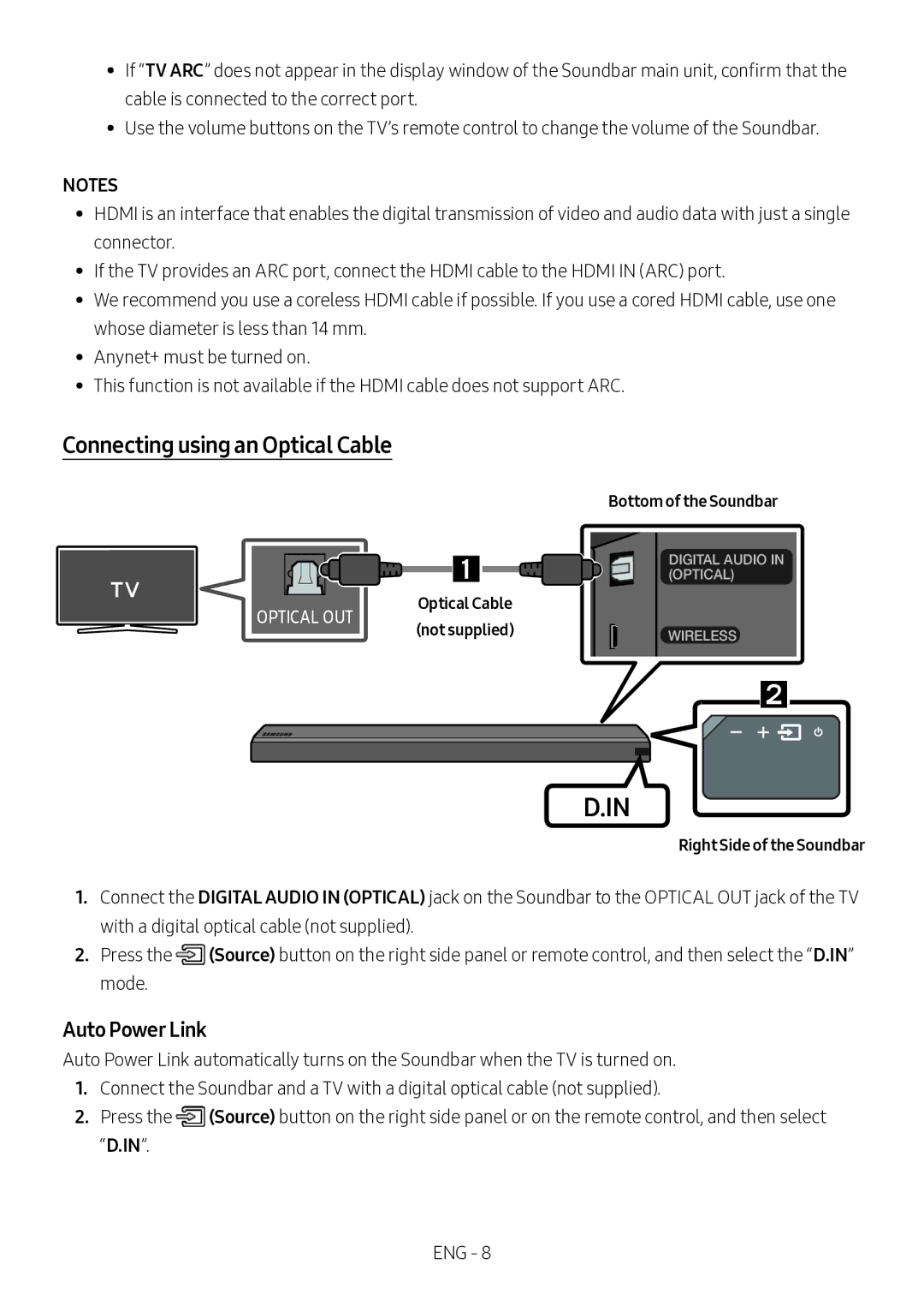 Samsung HW-MS550/XV manual Connecting using an Optical Cable, Auto Power Link, Right Side of the Soundbar 