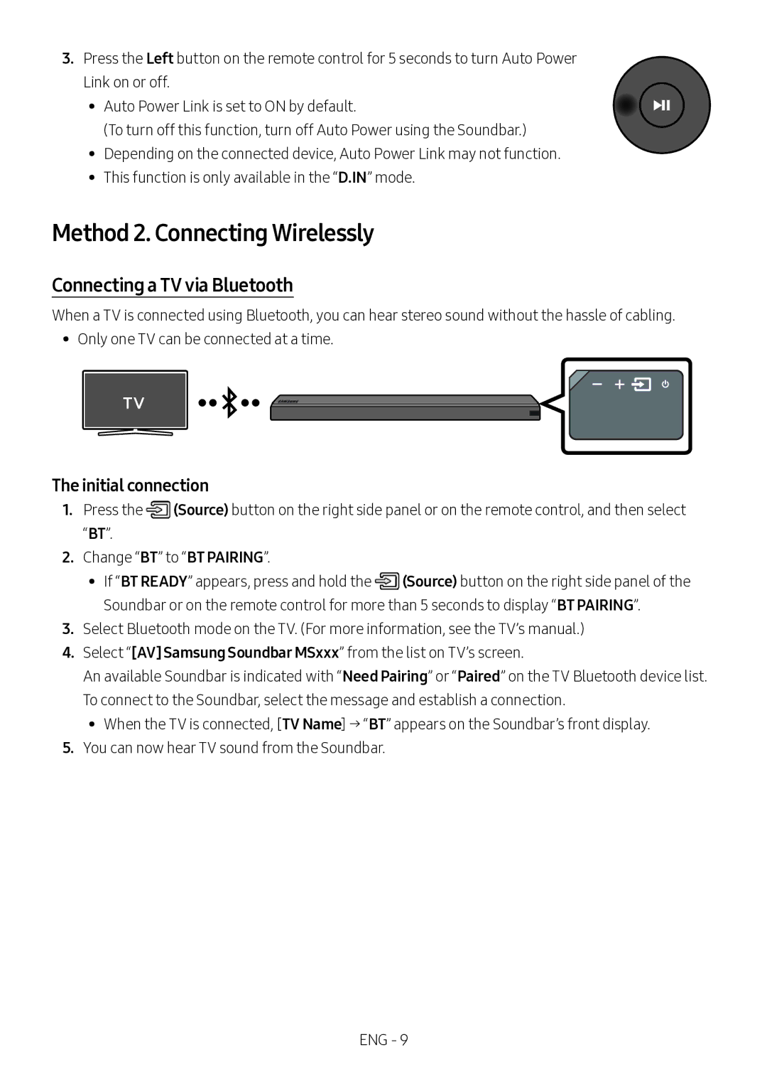 Samsung HW-MS550/XV manual Method 2. Connecting Wirelessly, Connecting a TV via Bluetooth, Initial connection 