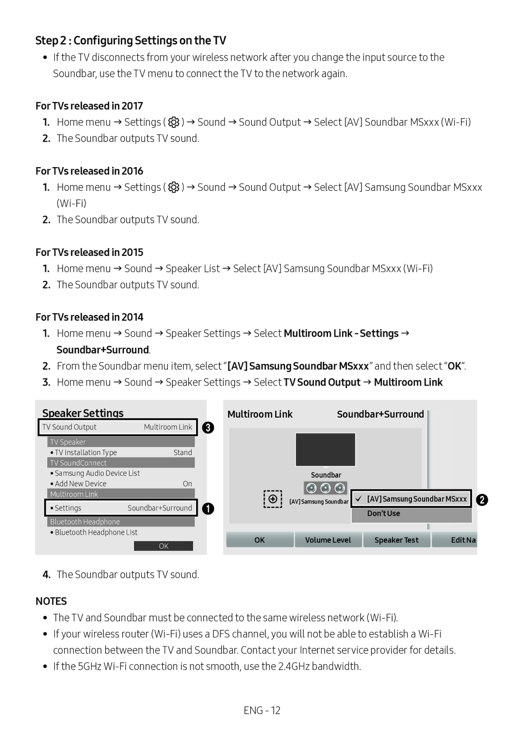 Samsung HW-MS550/XV Configuring Settings on the TV, For TVs released, Soundbar+Surround, Speaker Settings Multiroom Link 